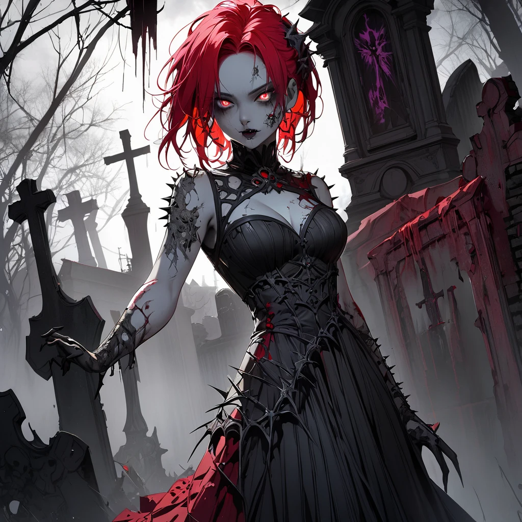Ultra Detailed, ((Exquisite and beautiful)),(Zombie girl), (Red spell on yellow background),midnight,Dark Landscape,Graveyard at night