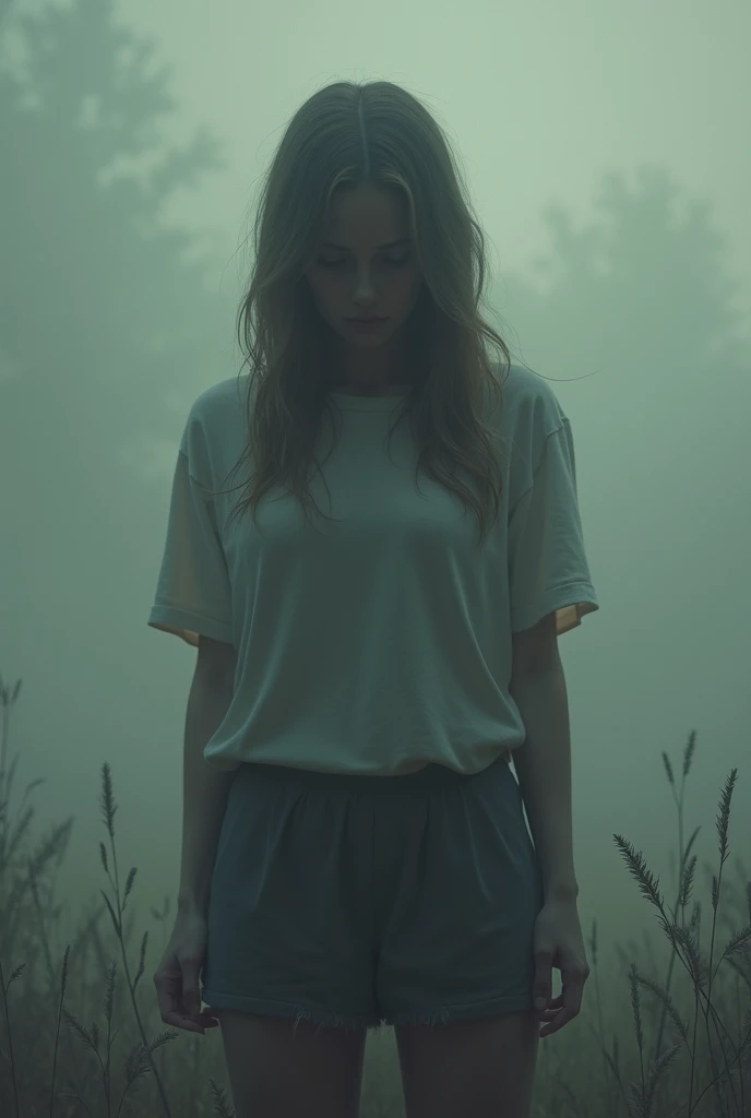 documentary, close-up photo of a young woman, ginger, full body shot,random pose, modern clothes, (dark misty swamp), pastel, god rays, technicolor, soft tones,dreamy haze,perfect face,by Lee Friedlander