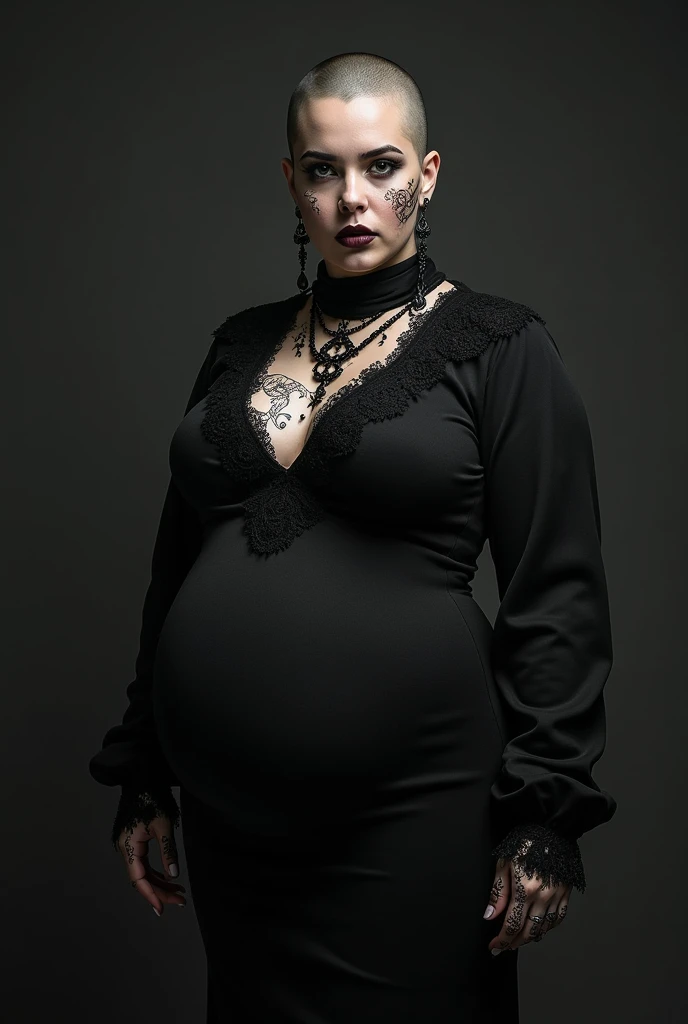 A goth girl in goth clothes with a big expanded belly bare round and full expanded to the extreme huge and round bloated to the extreme about to pop enormous belly smooth round single navel no rolls round pregnant belly