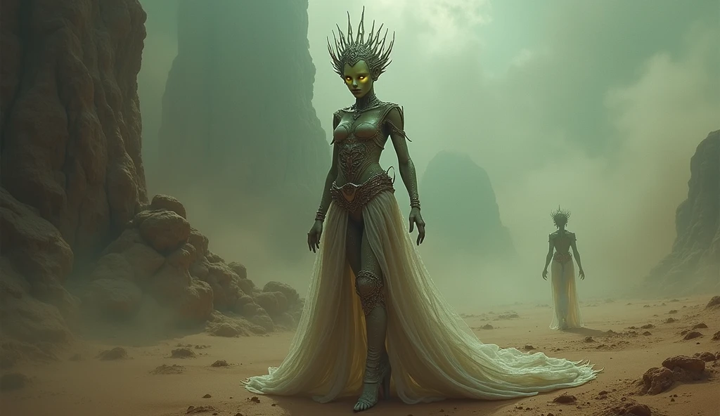 gray-skinned woman, strong and anatomical body, you go desert, no hair, baldie, Crown of dragon horns on the head, standing in pose, thick skin, with carved details.