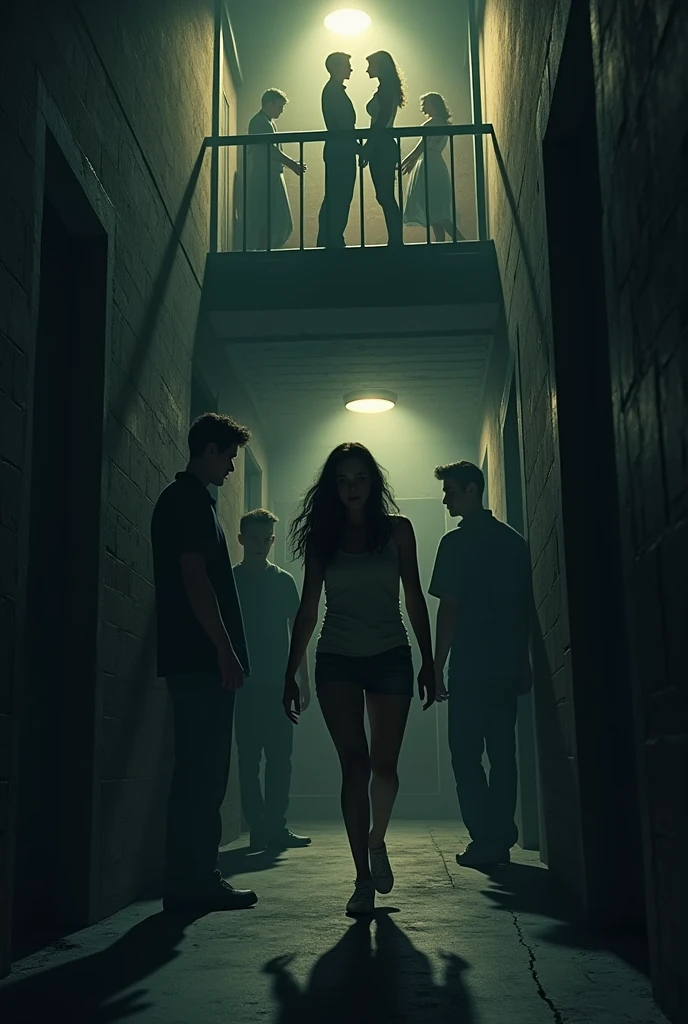 Group of young male friends led by a young woman being watched by shadows coming to life in an abandoned hospital
