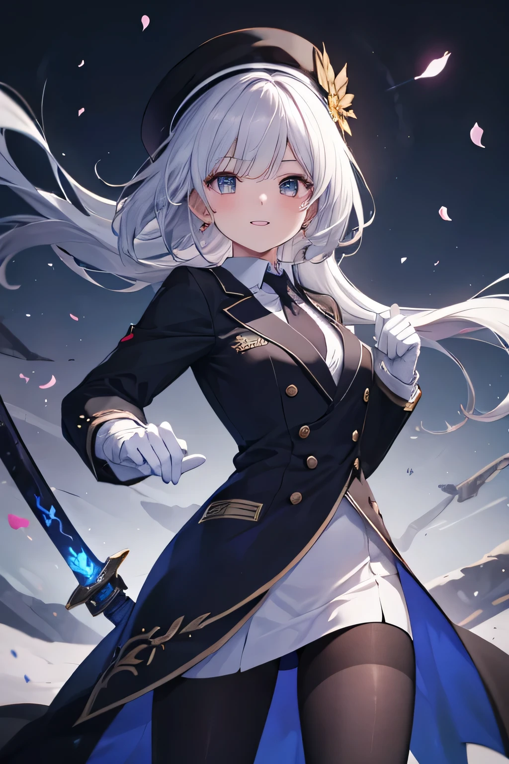 girl smiling, unsheathed his sword , ( showing teeth), standing, combat pose, mmorpg background , mmorpg background (A stranger), complete anatomy, graphic effects , ornament of an accessory shaped like a flower on his head , aura, primera persona, Black suit jacket, jacket with collar, White Dress Shirt, white gloves, Identification card on the neck, black pencil skirt, Rubo , pantyhose, collared shirt , neckline, button, correa, white beret, tacos, height 167 cm ( 5 feet 6 inches ), hard fists , caste summoning circle skill Sword of Victory(Elsword ), Blue Fire Force +vapor, fire around, strong breeze , black and white cat mascot , sakura petals and leaves , Rubo r, looking at the viewer , Charm, Pausa de toque ciego looking at the viewer ,