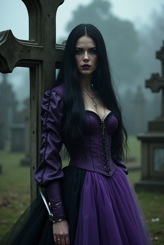 Beautiful 20 year old woman, large tits, with short messy wavy pink hair, wearing a red corset with black accents and black cloak, standing in a foggy cemetery at night, (red lipstick:1.5), realistic skin texture, (cross necklace:1.2), (looking at camera:1.3), (Acid wash and Gothic Art:1.4), photo realistic, 8k