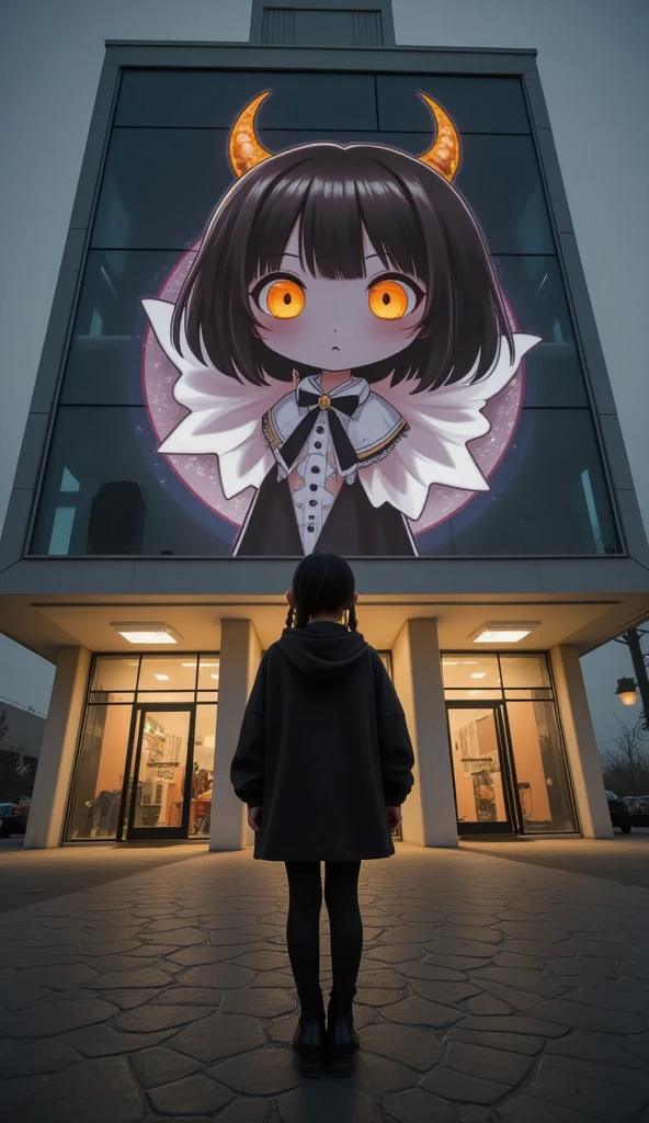 She is looking at a Black-Chibi-Devil-Girl anime projected on a blue laser projector using the entire large glass-fronted building as a screen, ultra-realistic, photorealistic, dramatic scene, shadow, global-illumination, solo, (Japanese adult girl:1.5), bad girl, very beautiful with very cute but boyish cool face, she is wearing punk rock outfits, the chibi-anime-devil-black-girl that projected on huge glass screen is 1girl\(dark black devil,cute,big eyes,large circle eyes,black skin,evil smile,long nail,orange eyes, vivid orange eyes, dark black skin, looking down,wearing a cute floral patterned red with black gothic capelet\(big,long,Tattered\), backlit,full body\) and is flying in the sky with amazing view of milky way, professional lighting, at night, 