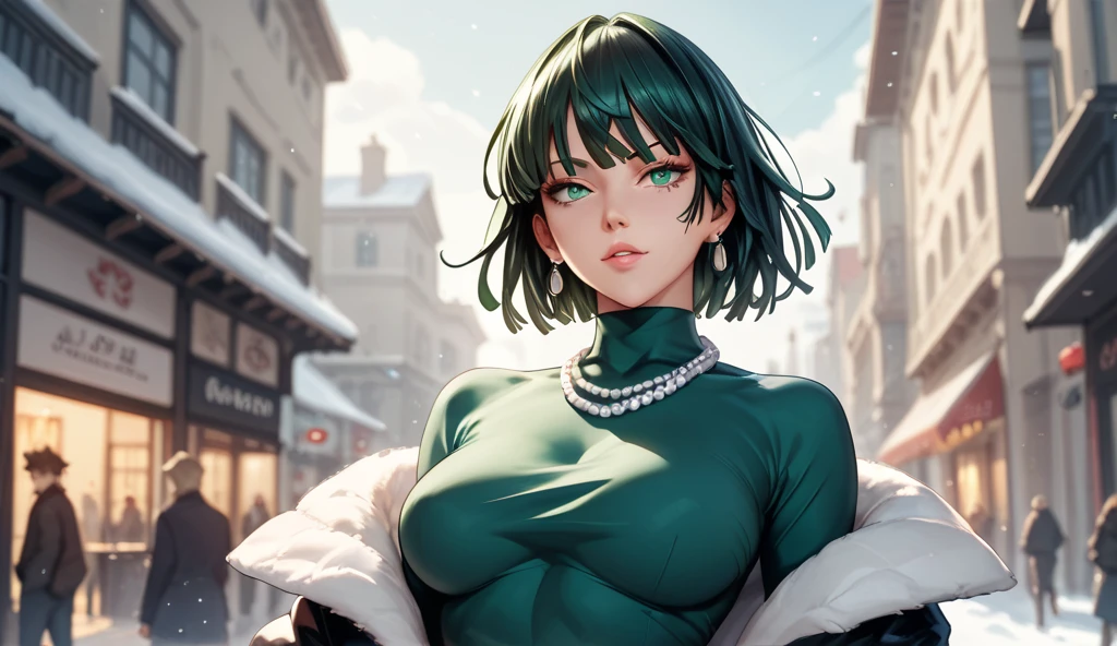 (tmasterpiece: 1.2, beste-Qualit: 1.2, Gentil, highly quality, high resolucion: 1.1, aesthetics), detailded, extremly detailed, soft ambient lighting, 4K, Des yeux parfaits, visage parfait, perfect  lighting, 1fille, frange, Robe noire, cheveux verts, poitrine, nombril couvert, robe, Tatsumaki \ (one-punch man\),  , Yeux verts, , Gros seins, , Regarder le spectateur, cheveux courts, sinple background, seulement, Cuisses, Gorge haute, turtleneck dress