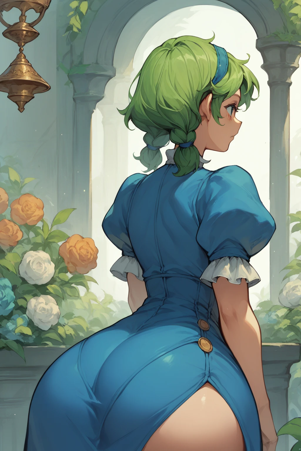  1 girl,  Caroline Stardew ,  green hair,  low braids,  short hair, Madura,   Blue dress  , Ornaments,  puffy sleeves , voluptuous,  big ass