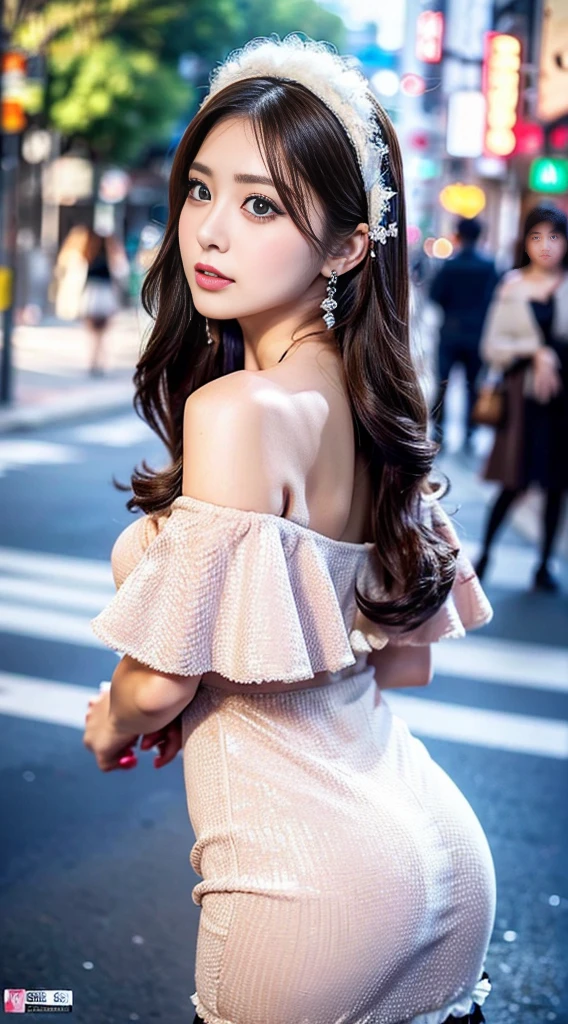 detailed background, masterpiece, best quality, 1 person , curly hair, long hair, purple eyes, star in eye , pink Strapless blouse, long skirt