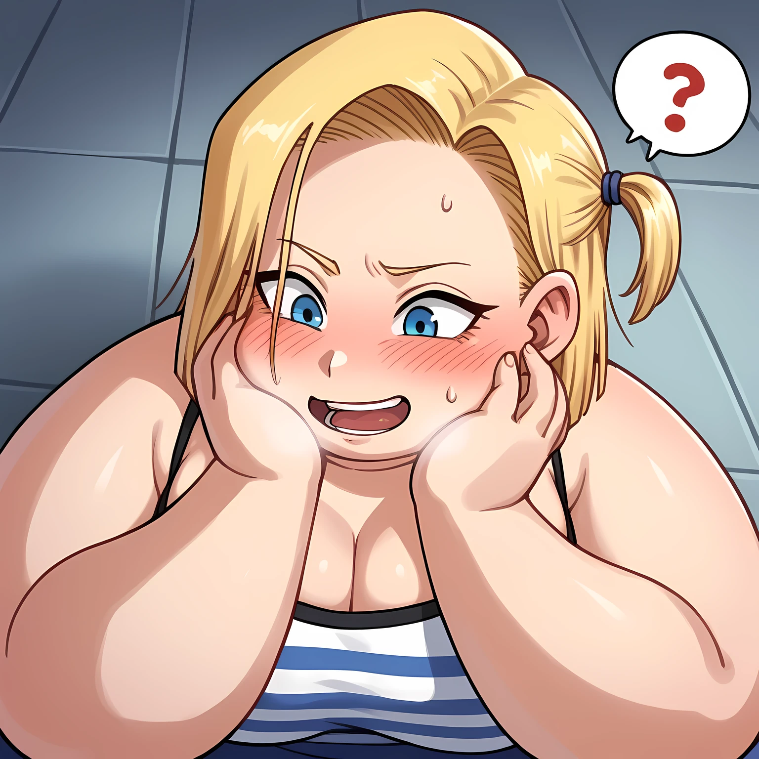 zPDXL, score_9, score_8_up, score_7_up, source_anime, BREAK
1girl, solo, 4kira, android 18, blond hair, blue eyes, blush, light smile, one side up, swollen face, fat, chubby, obese, open mouth, out of breath, absurdres, highres icon, rating:General, confused, blush, spoken question mark, {flustered}, nervous sweating, portrait, pov hands, hand on another's cheek, averting eyes, [looking away], straight-on, from above,  upper body, masterpiece, best quality, ultra-detailed, high resolution, 8K, absurdres, highres icon,