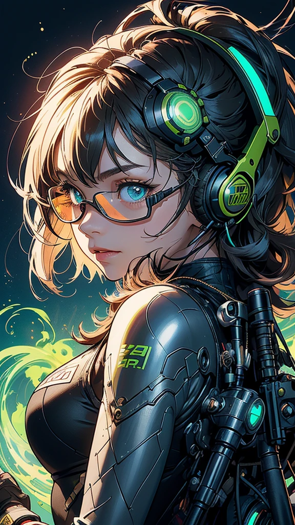 1girl, green hair, green eyes, big boobs, glasses, , crop golden jacket, toxic, serum, gold armor, sparkling ((big golden mecha in back of the girl, cybercrime, cyberpunk, desert, Moonlight))