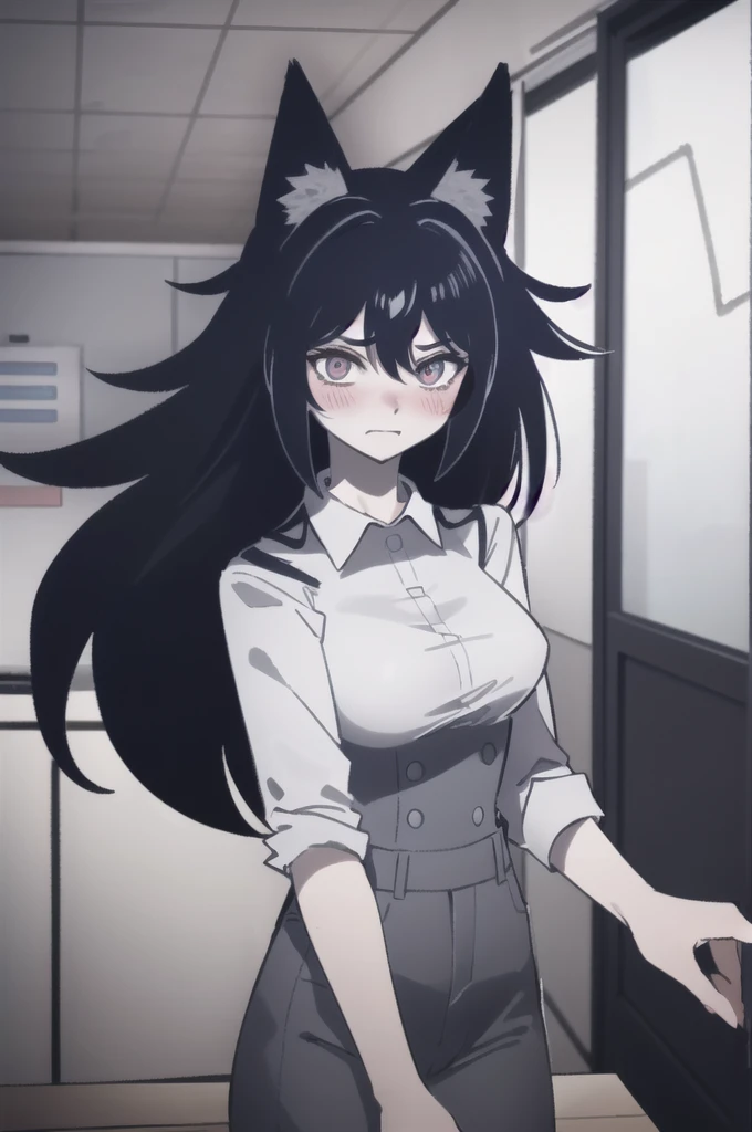 1 girl, breasts, spikey hair,  wrong circle, monochrome, black hair, long_hair,  animal ears, Wolf girl, cara  scared  ,smooth in ,  scared , classroom, blush, ( masterpiece ,  top quality , 16K,  lyrics,  better quality :1.3, highres,  detailed eyes), looking at the viewer   