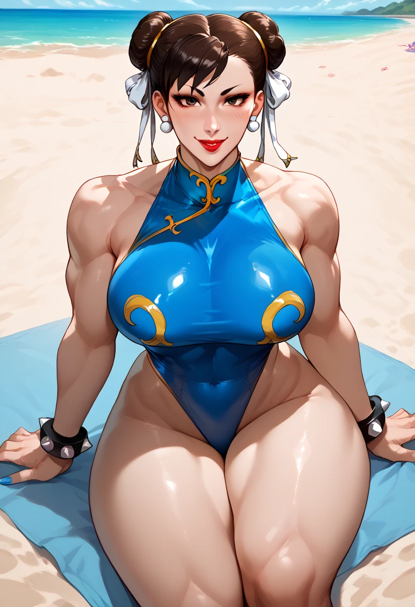 score_9, score_8_up, score_7_up, score_6_up, score_5_up, score_4_up, 1girl,chun li, street fighter, harem gauze, loose top, detached sleeves, ,  large breasts, erect nipples, spiked choker, wristbands, hair ornaments, slutty outfit, wide hips, thick thighs, see through clothes, harem girl, sultry, exotic, jewelry, erect nipples, reclining pussy