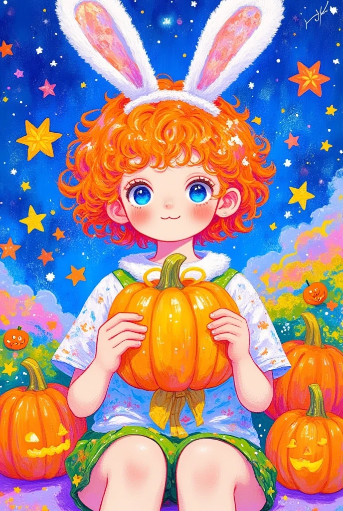  Detailed painting inspired by。 depicting a girl with bunny ears holding a pumpkin, This is a cartoon by Victor Nizovtsev  ,  pixiv Contest Winner ,  Magical Realism ,  Anime boy with orange hair , 🍁  cute,  detailed fan art ,  Official Fan Art , Dream illustration ,  cute art style,  cute detailed digital art, 梦幻迷幻动漫,  brightly colored illustrations ,  art on artstation 