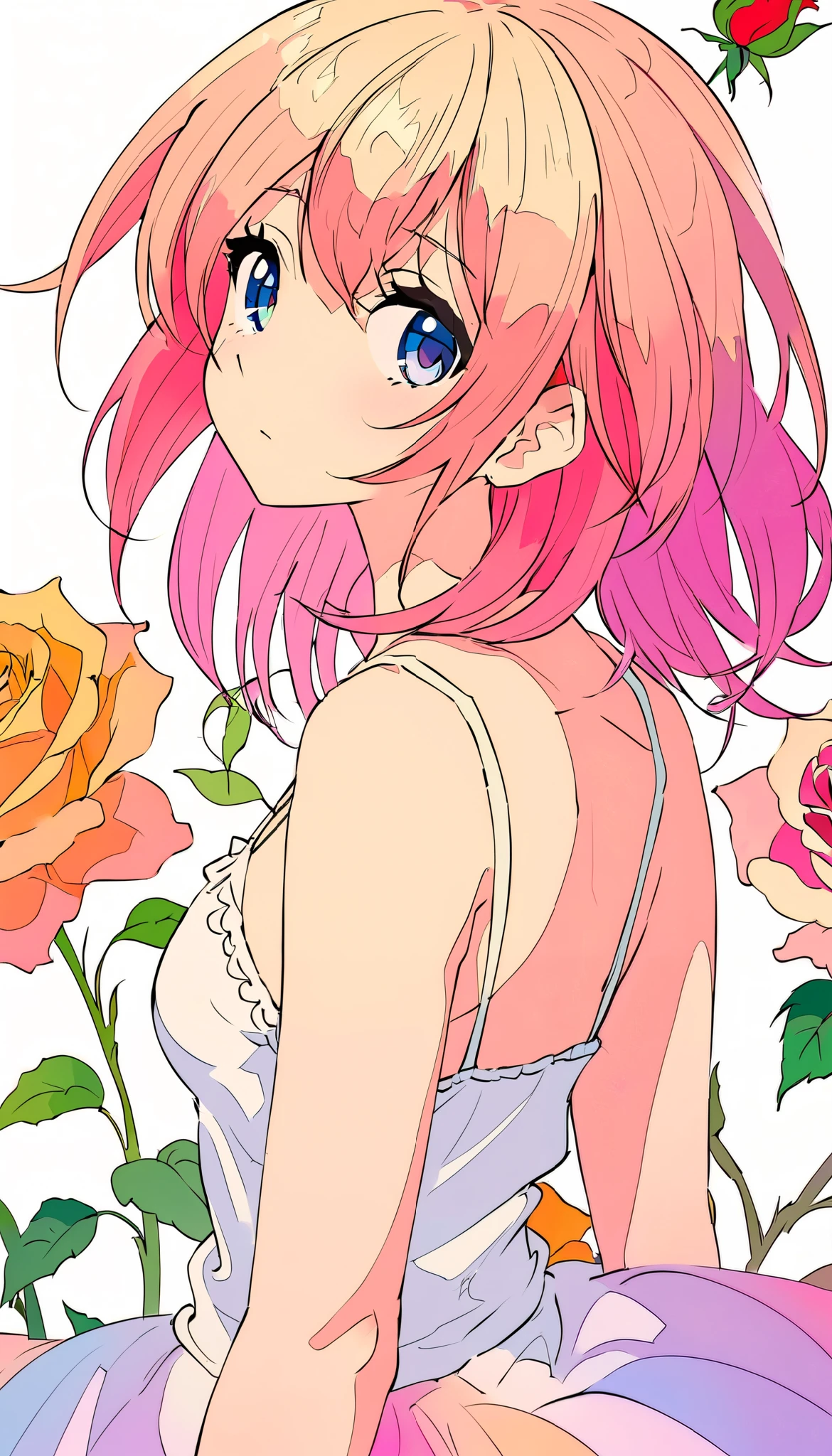 Colorful, crayon, colored pencil, watercolor, oil painting, diverse color scheme, detailed and delicate taste, ((White camisole with shoulder straps: 1.3)), ((Hair buried in roses: 1.3)), ((Ultimate cuteness: 1.3)), ((Drooping corners of the eyes: 1.3)), ((Tilting head: 1.3))