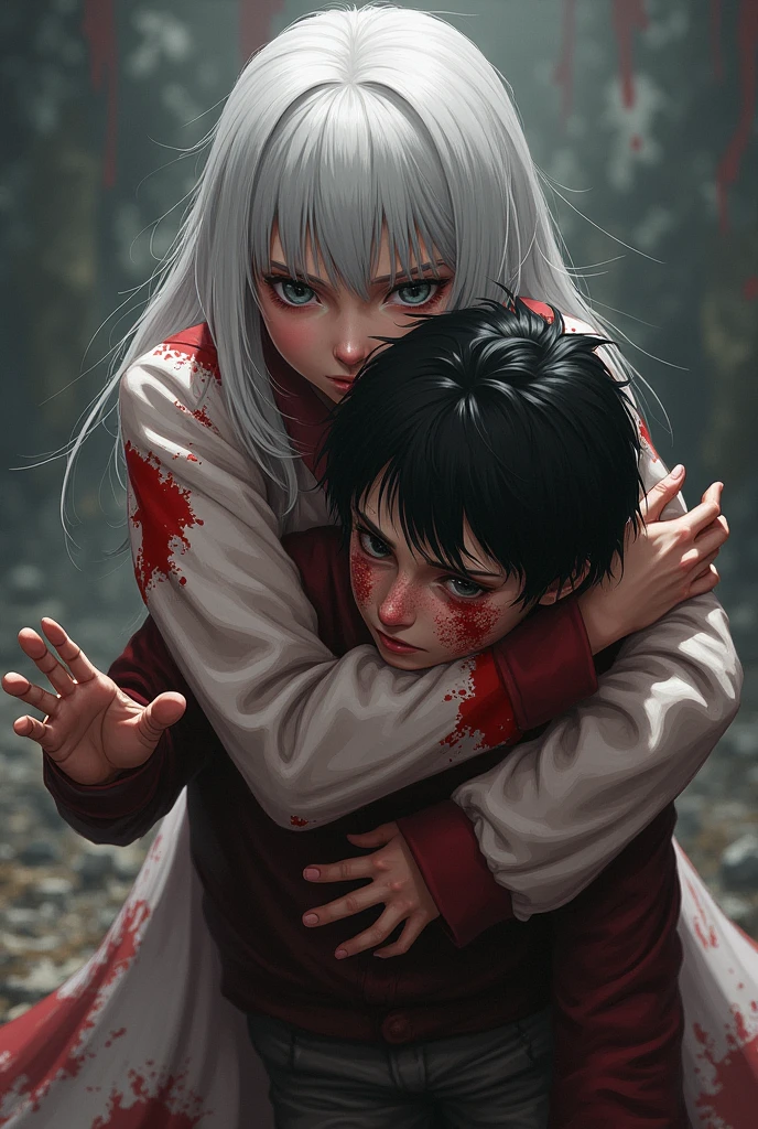 A young girl, in a thin white dress standing over a young boy who’s sitting down, kneeling on the ground in the snow, with winter clothes on. It's night time and the ground is covered with snow and it's snowing. The young girl is reaching one of her hands down to him and in that hand is a human heart dripping blood. She also has blood dripping from the corner of her mouth. The young boy looks up at her with wonder.