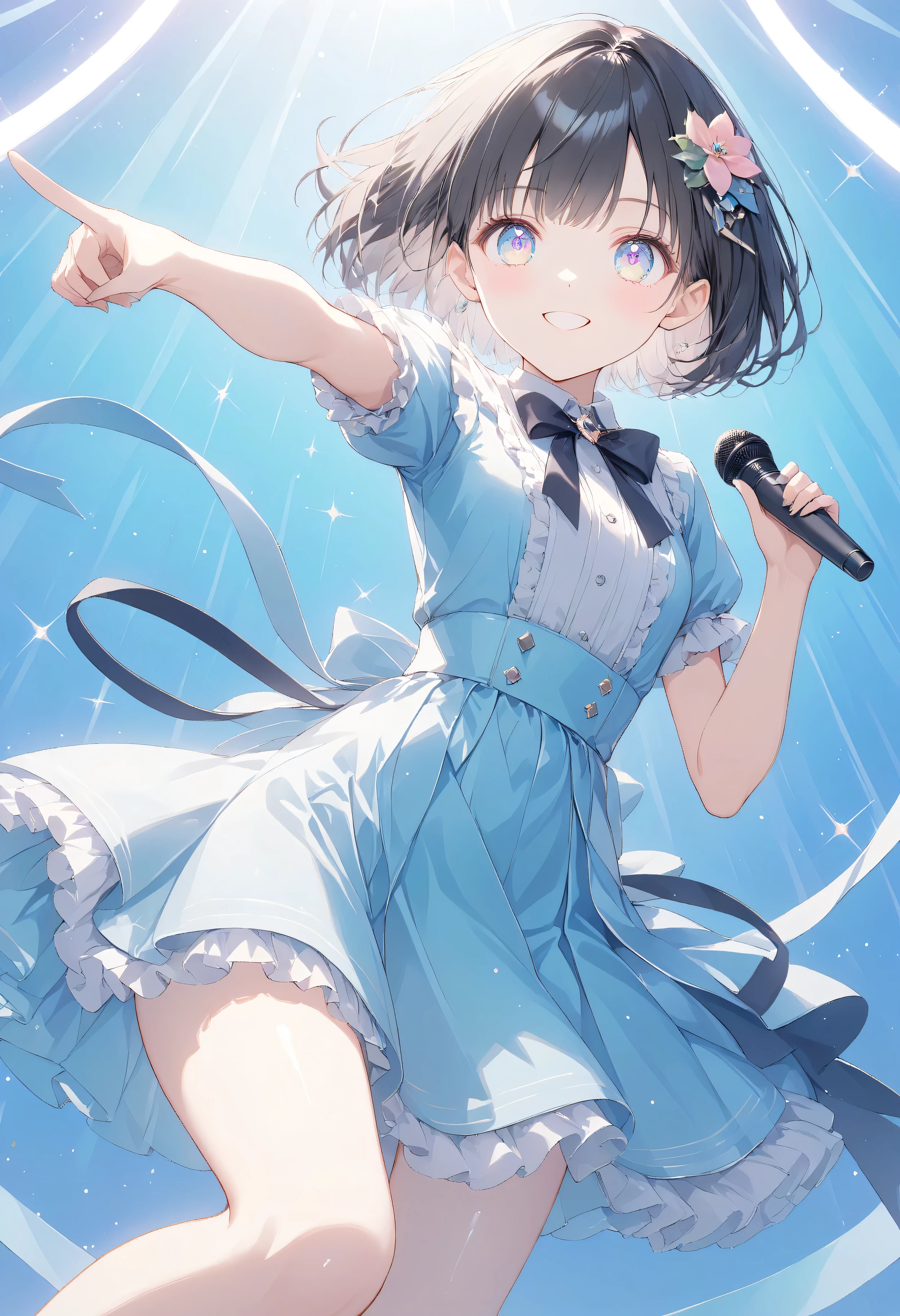 Masterpiece, high quality, high tonal range, high resolution, 16K, KyoAni illustration, background detail, digital painting, hyperrealistic, shimmering pastel colors, petite woman, young woman, beautiful face, long eyelashes, fair skin, full body, thin legs, shiny thighs, black spats, short bob with black hair and hair ornament Idol with short black hair, sparkling eyes, big eyes, smiling and pointing at us, colorful spotlights on stage, cinematic effects, cinematic angles