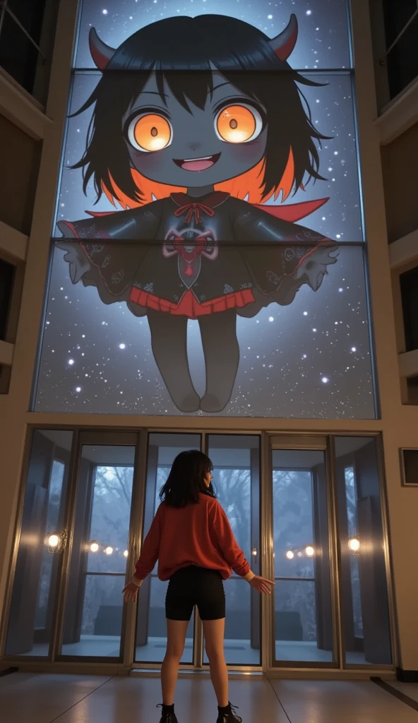 She is standing in front of a Black-Chibi-Devil-Girl anime projected on a blue laser projector using the entire large glass-fronted building as a screen, ultra-realistic, photorealistic, dramatic scene, shadow, global-illumination, solo, (Japanese adult girl is looking back and looking at viewers with smile:1.5), bad girl, very beautiful with very cute but boyish cool face, she is wearing punk rock outfits, the chibi-anime-devil-black-girl that projected on huge glass screen is 1girl\(dark black devil,cute,big eyes,large circle eyes,black skin,evil smile,long nail,orange eyes, vivid orange eyes, dark black skin, looking down,wearing a cute floral patterned red with black gothic capelet\(big,long,Tattered\), backlit,full body\) and is flying in the sky with amazing view of milky way, professional lighting, at night, 