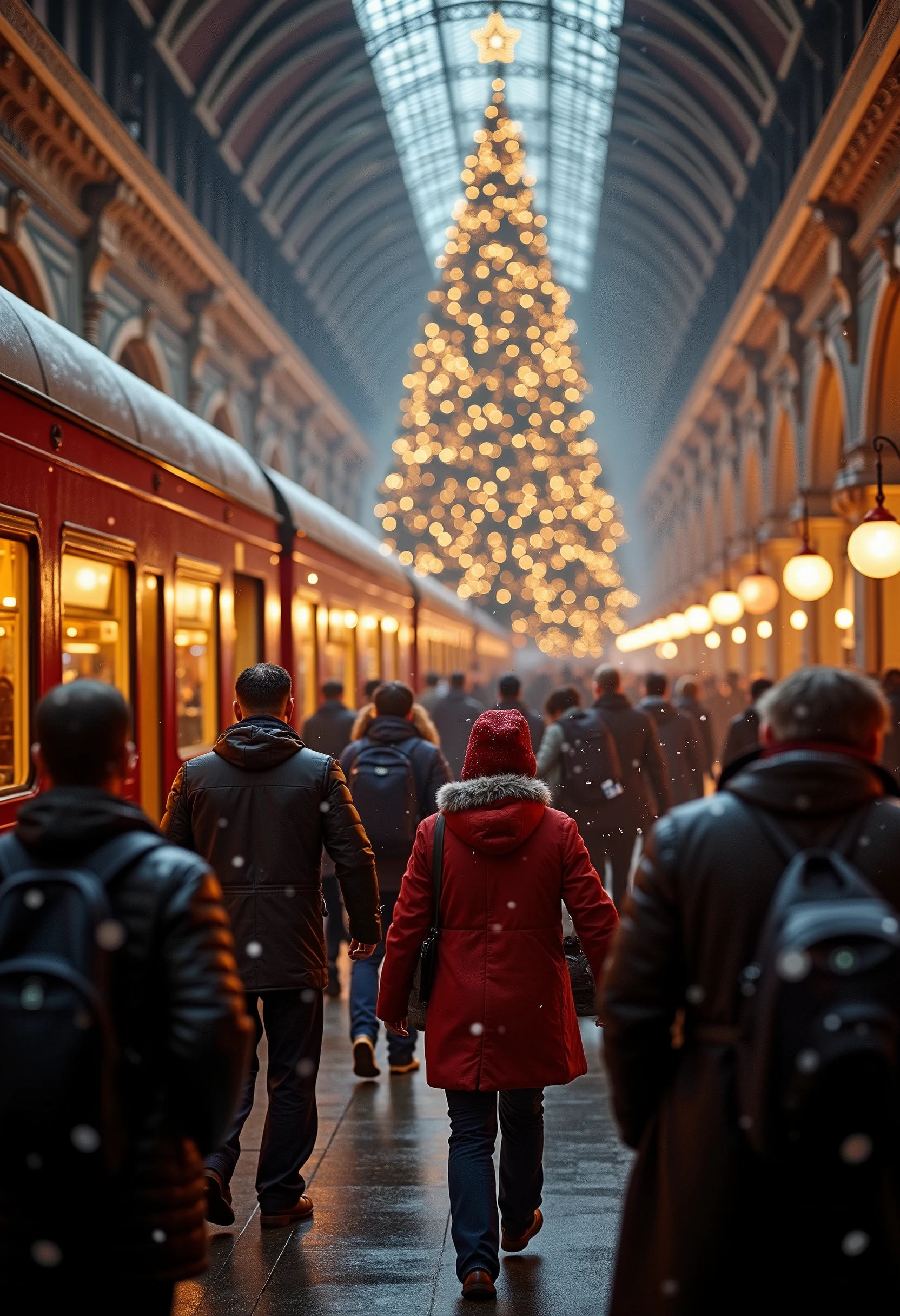 8K resolution, masterpiece, Highest quality, Award-winning works, movie scene, Busy Train Station, Roma Termini station, very crowded, (orient express is arriving a platform:1.5),  , luxuriously decorated Christmas tree, christmas decorations, snowing outside, gorgeous atmosphere, glittering, full of light,