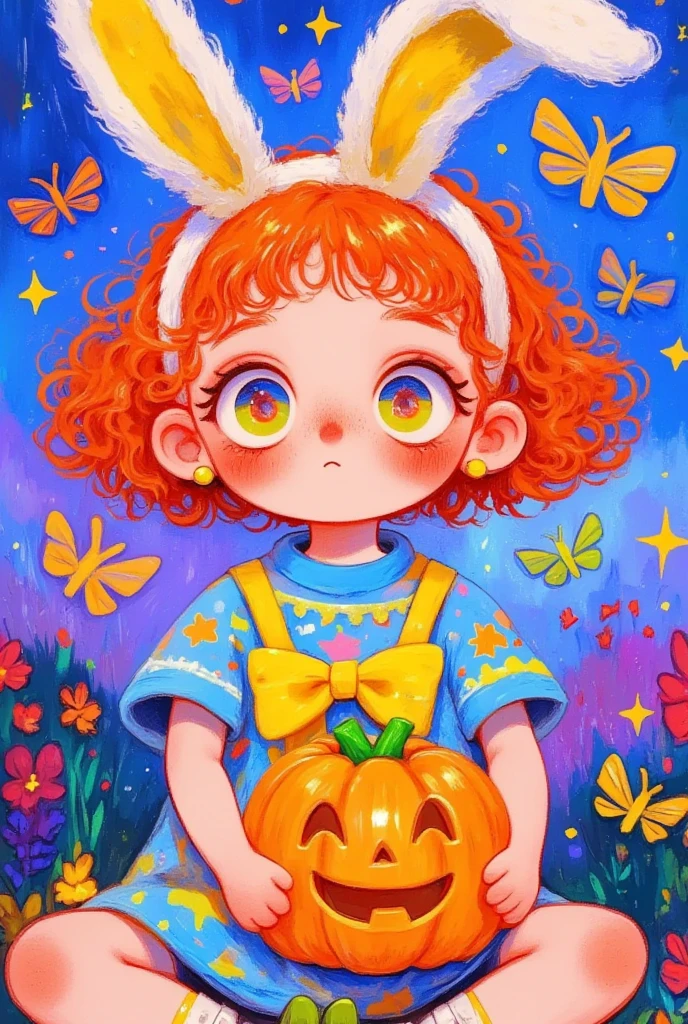  Detailed painting inspired by。 depicting a girl with bunny ears holding a pumpkin, This is a cartoon by Victor Nizovtsev  ,  pixiv Contest Winner ,  Magical Realism ,  Anime boy with orange hair , 🍁  cute,  detailed fan art ,  Official Fan Art , Dream illustration ,  cute art style,  cute detailed digital art, 梦幻迷幻动漫,  brightly colored illustrations ,  art on artstation 