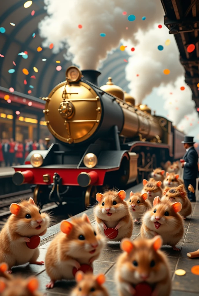 A hyper-realistic 3D depiction of a whimsical alternate world where hamsters have taken over as the dominant species, set in a bustling London train station during the age of steam. The scene is perfectly crisp, with every detail in sharp focus, from the individual strands of fur on each hamster to the smallest rivets on the gleaming steam locomotive.

(The station is a flurry of activity, packed with countless fluffy hamsters of various colors and patterns, each one dressed in tiny, impeccably detailed outfits). (Some hamsters clutch tiny tickets as they board the majestic steam engine, while others disembark with miniature luggage, their movements animated and precise). (Near the train, steam vents dramatically from the engine, and a few hamsters are caught mid-air, their puffed-up fur and comical expressions frozen in time).

The platform is alive with frenetic energy. Vendors sell miniature snacks from perfectly arranged carts, conductors with whistles guide the commotion, and groups of hamsters chatter enthusiastically. Overhead, a cascade of colorful confetti showers the scene, its vibrant fragments captured mid-air, adding a celebratory flourish. The massive steam locomotive, covered in polished brass and adorned with ornate decorations, dominates the platform. Its steam and smoke plume upward in thick, swirling columns, every tendril of vapor vividly rendered.

Every element of the composition is rendered with striking clarity—each cobblestone of the platform, each gear and pipe on the train, and every glimmer of light reflecting off the brass. The lighting is warm and dynamic, casting intricate shadows that enhance the scene’s depth. The bustling activity, vibrant colors, and surreal yet detailed setting create a joyful and magical snapshot of this alternate hamster-dominated world.