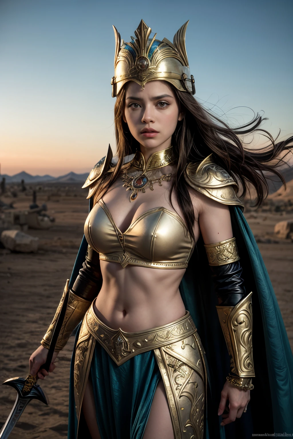 "Imagine the warrior queen with a confident yet regal expression, radiating both strength and warmth. Consider subtle facial features that highlight her beauty without compromising her commanding presence. Experiment with a hairstyle that complements her thicker figure, perhaps cascading in waves or braids that add to her majestic allure.

When designing the armor, ensure that it accentuates her curves and provides a sense of both protection and elegance. Consider embellishments like intricate engravings or gemstones that symbolize her royal status. Integrate elements that convey a sense of cultural richness or fantasy, allowing the armor to tell a story about her lineage and the battles she has faced.

For her attire, think about incorporating layers of fabric that flow with her movements, adding a dynamic and visually appealing aspect to the illustration. Choose colors that not only complement the armor but also enhance the overall composition. Play with textures to add depth to the illustration, whether it's the smoothness of metal or the softness of fabrics.

In terms of the background, envision a setting that complements her character—whether it's a mystical landscape, a grand throne room, or a battlefield. Consider adding symbols or motifs that reinforce her role as a warrior queen, creating a cohesive narrative within the illustration.

Lastly, pay attention to the lighting to emphasize the contours of her figure and enhance the overall mood of the scene. Strive to create a balanced yet captivating composition that captures the essence of a powerful, attractive, and beautifully thick warrior queen."
