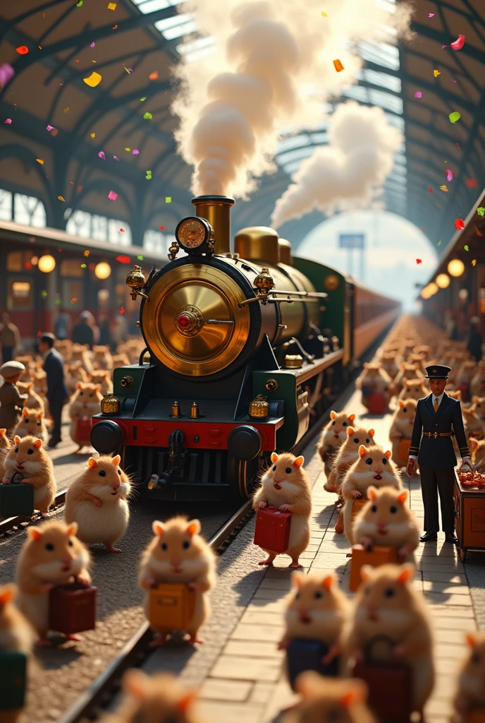 A hyper-realistic 3D depiction of a whimsical alternate world where hamsters have taken over as the dominant species, set in a bustling London train station during the age of steam. The scene is perfectly crisp, with every detail in sharp focus, from the individual strands of fur on each hamster to the smallest rivets on the gleaming steam locomotive.

(The station is a flurry of activity, packed with countless fluffy hamsters of various colors and patterns, each one dressed in tiny, impeccably detailed outfits:1.2). (Some hamsters clutch tiny tickets as they board the majestic steam engine, while others disembark with miniature luggage, their movements animated and precise:1.2). (Near the train, steam vents dramatically from the engine, and a few hamsters are caught mid-air, their puffed-up fur and comical expressions frozen in time:1.2).

The platform is alive with frenetic energy. Vendors sell miniature snacks from perfectly arranged carts, conductors with whistles guide the commotion, and groups of hamsters chatter enthusiastically. Overhead, a cascade of colorful confetti showers the scene, its vibrant fragments captured mid-air, adding a celebratory flourish. The massive steam locomotive, covered in polished brass and adorned with ornate decorations, dominates the platform. Its steam and smoke plume upward in thick, swirling columns, every tendril of vapor vividly rendered.

Every element of the composition is rendered with striking clarity—each cobblestone of the platform, each gear and pipe on the train, and every glimmer of light reflecting off the brass. The lighting is warm and dynamic, casting intricate shadows that enhance the scene’s depth. The bustling activity, vibrant colors, and surreal yet detailed setting create a joyful and magical snapshot of this alternate hamster-dominated world.