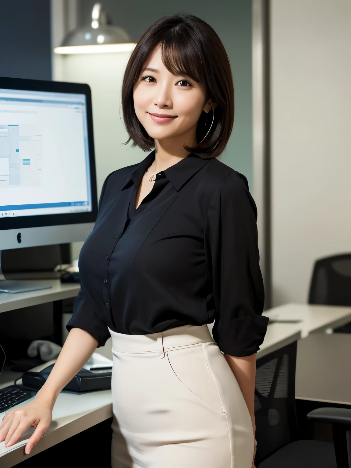 ((masterpiece))、(( best quality))、photograph、reality、 very detailed、40-year-old woman、 short hair、 Realistic background and accessories、Soft Breasts、 Gentle Smile 、((Working overtime in the office late at night))、I work overtime in a late-night office with only small fluorescent lights on 、(( working on a computer))、see-through black blouse 、Shadows form 、 sideways、 wide shot、((Dark Background))、whole body、