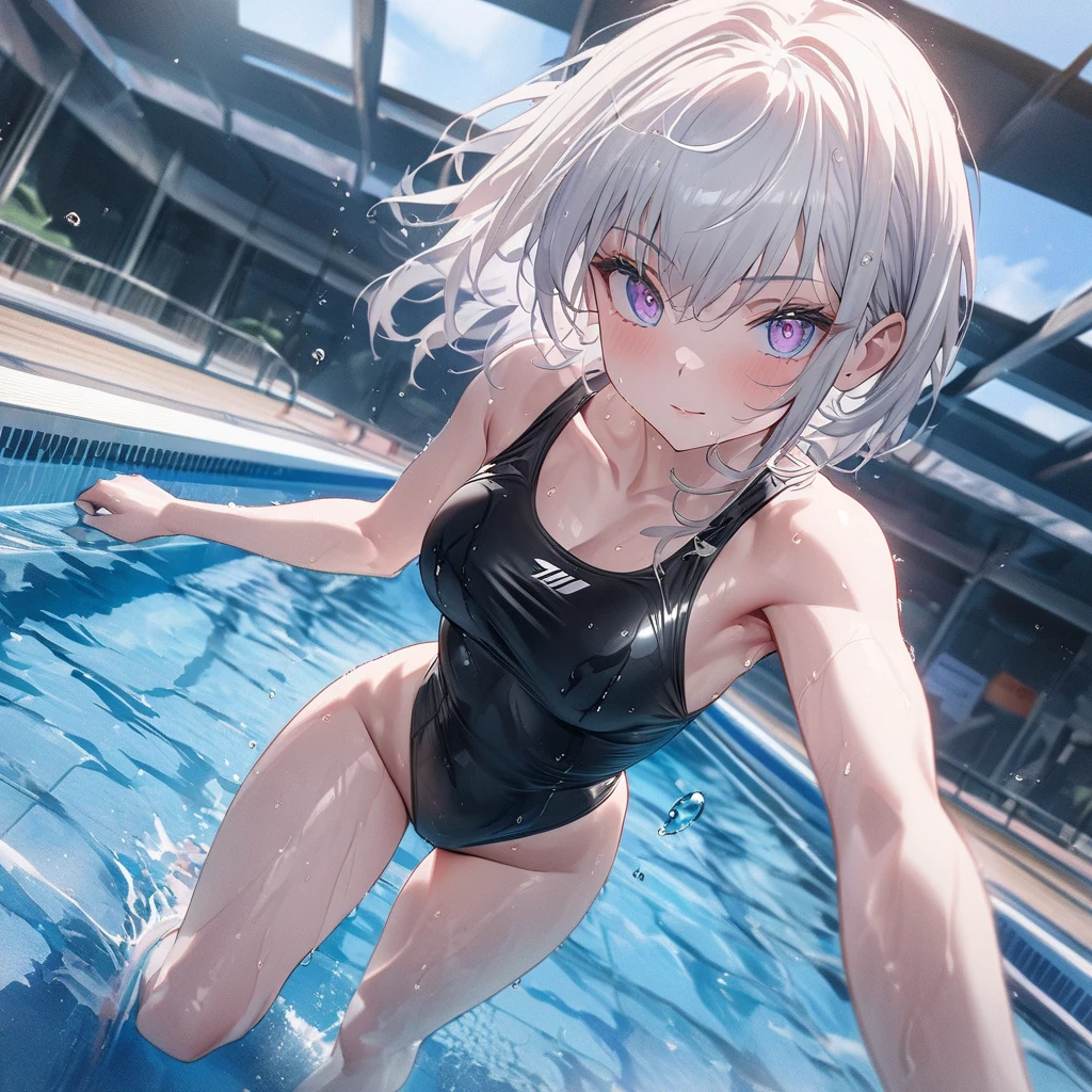 crawl on all fours、crawl on all fours、swimsuit、、Light cream colored hair、short hair、Red eyes、Blushing、Small breasts、Small breasts、Black Bikini、lipstick、Perfect hands、Detailed hands、Poolサイド、Pool、one-piece swimsuit, strap slip、backwards、、backwards