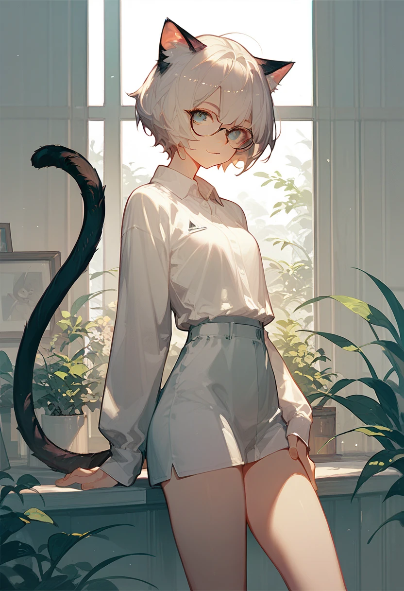  1girl, animal ears, solo, tail, glasses, cat ears, cat tail, looking at viewer, short hair, shirt, white shirt, long sleeves,