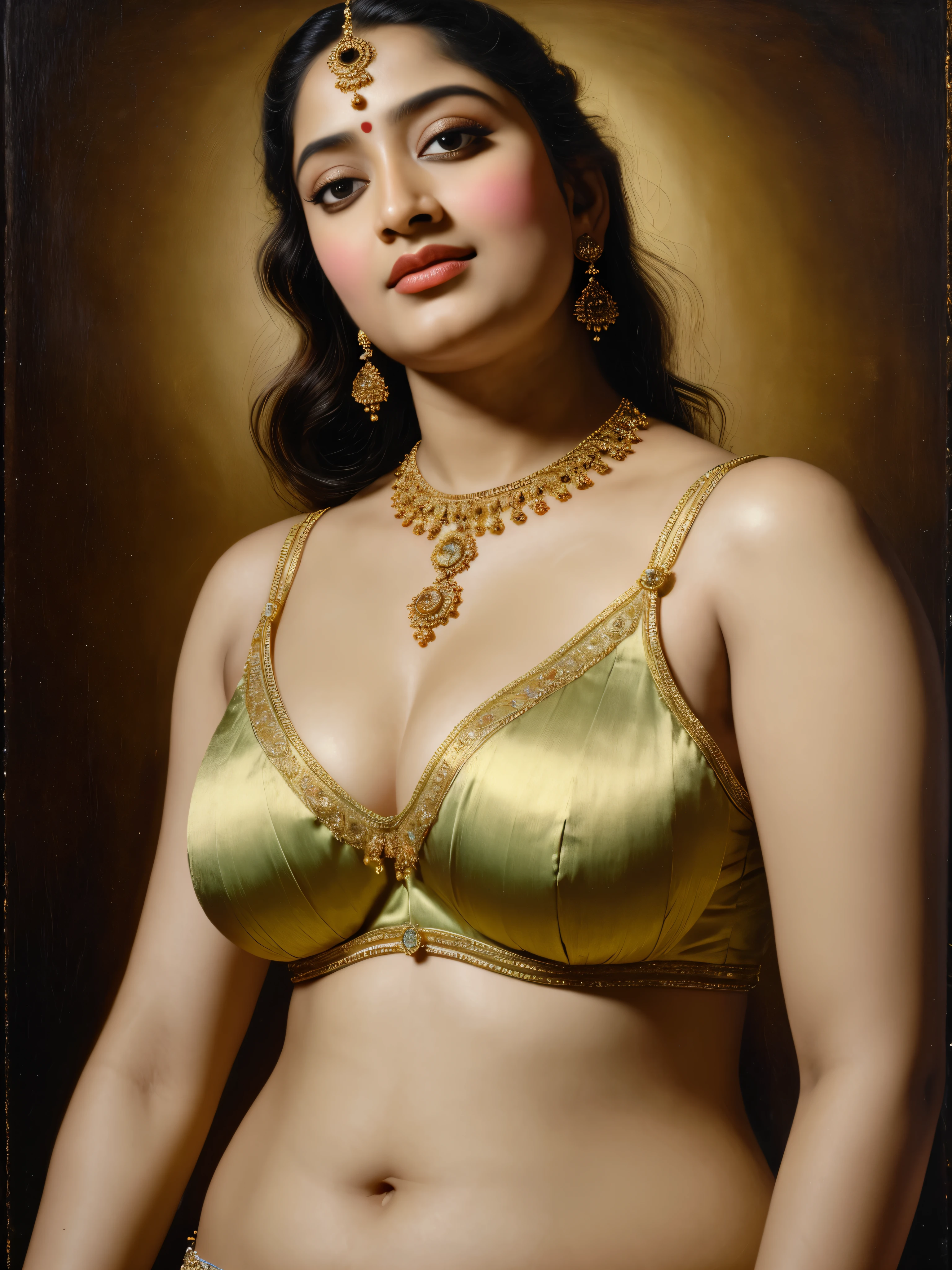 Beautiful Indian Woman, wearing saree, sari Beauty, gorgeous, Apsara, Maharani, royal queen woman, nymph from Hindu Mythology, Urvashi, matchless beauty, Highly detailed, Oil Painting by Peter Paul Rubens inspired by Raja Ravi Varma, Matchless beauty, captivating, gorgeous, heavenly beauty, celestial beauty, by Peter Paul Rubens, 13, realistic, hyper realistic, micro details, incredible artwork, insane details, ultra High resolution, 8k, 32k,  acrylic on canvas, intricate, flawless, detailed, detailed face, detailed eyes, masterpiece, by Peter Paul Rubens, by Caravaggio, by William Adolphe bouguereau, perfect face, perfect body, beautiful art, realism, baroque, renaissance Art, highly textured, beautiful and High clarity eyes, uhd, best quality, sitting, legs open, hairy pussy, accurate pussy, realistic pussy.