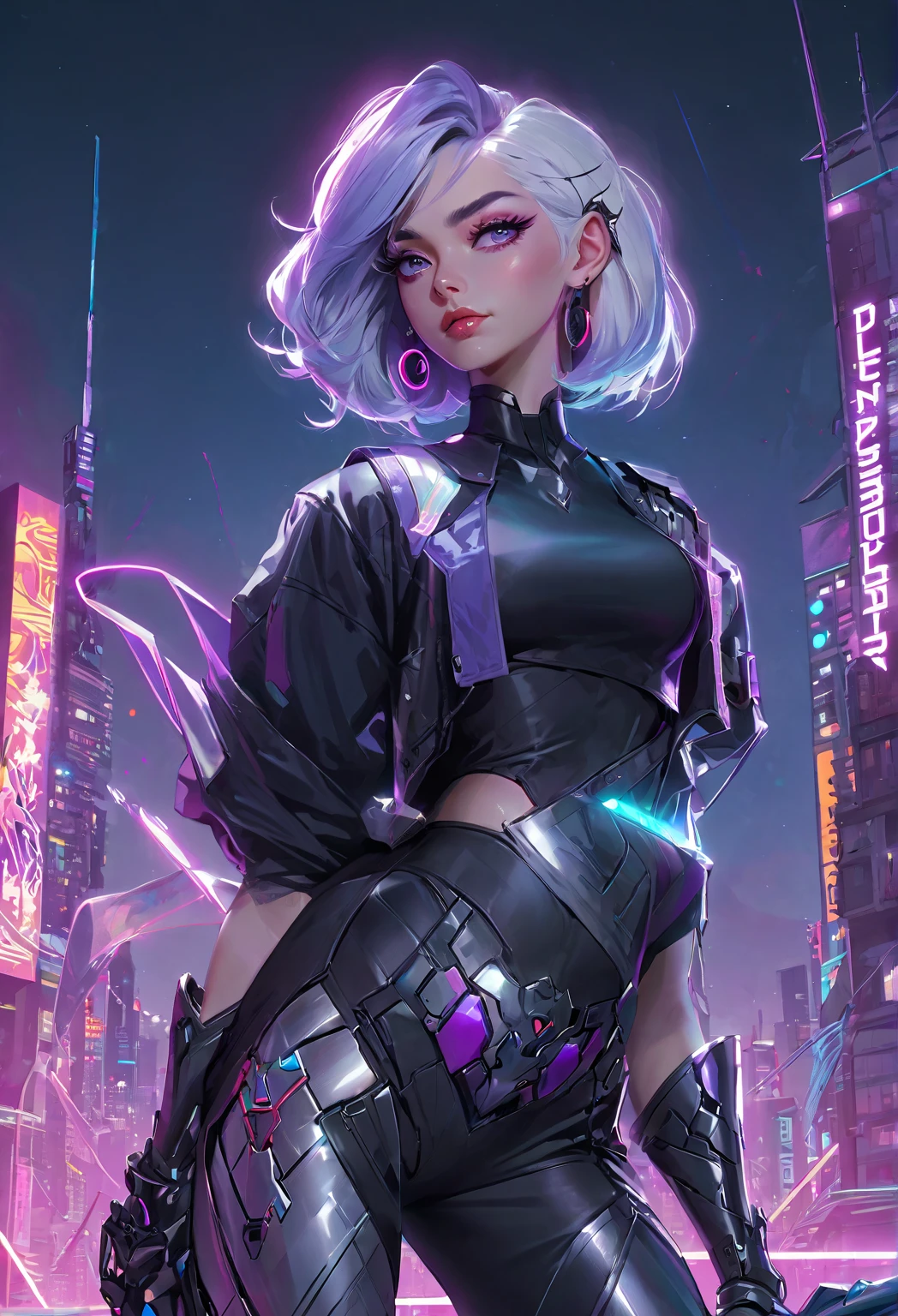 a woman with hair and a black shirt is standing in front of a neon city background with full moon, Beautiful female cyborg,whole body is synthetic silicon and armor, white and purple and magenta colors, She is holding a baseball bat in her hand, resting it on her shoulder, lois van baarle and rossdraws, portrait of lucy from Cyberpunk Edgerunners, artgerm and lois van baarle, rossdraws 2. 0, rossdraws 1. 0, rossdraws 2. 5, artgerm and rossdraws, artgerm comic, 8K image quality, Masterpiece black background with full moon, 8K image quality, Masterpiece