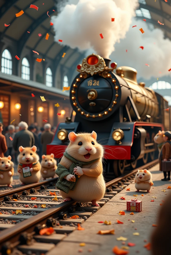 A hyper-realistic 3D depiction of a whimsical alternate world where hamsters have taken over as the dominant species, set in a bustling London train station during the age of steam. The scene is perfectly crisp, with every detail in sharp focus, from the individual strands of fur on each hamster to the smallest rivets on the gleaming steam locomotive.

(The station is a flurry of activity, packed with countless fluffy fat hamsters of various colors and patterns, each one dressed in tiny, impeccably detailed outfits:1.2). (Some hamsters clutch tiny tickets as they board the majestic steam engine, while others disembark with miniature luggage, their movements animated and precise:1.2). (Near the train, steam vents dramatically from the engine, and a few fat hamsters are caught mid-air, their puffed-up fur and comical expressions frozen in time:1.4).

The platform is alive with frenetic energy. Vendors sell miniature snacks from perfectly arranged carts, conductors with whistles guide the commotion, and groups of hamsters chatter enthusiastically. Overhead, a cascade of colorful confetti showers the scene, its vibrant fragments captured mid-air, adding a celebratory flourish. The massive steam locomotive, covered in polished brass and adorned with ornate decorations, dominates the platform. Its steam and smoke plume upward in thick, swirling columns, every tendril of vapor vividly rendered.

Every element of the composition is rendered with striking clarity—each cobblestone of the platform, each gear and pipe on the train, and every glimmer of light reflecting off the brass. The lighting is warm and dynamic, casting intricate shadows that enhance the scene’s depth. The bustling activity, vibrant colors, and surreal yet detailed setting create a joyful and magical snapshot of this alternate hamster-dominated world.