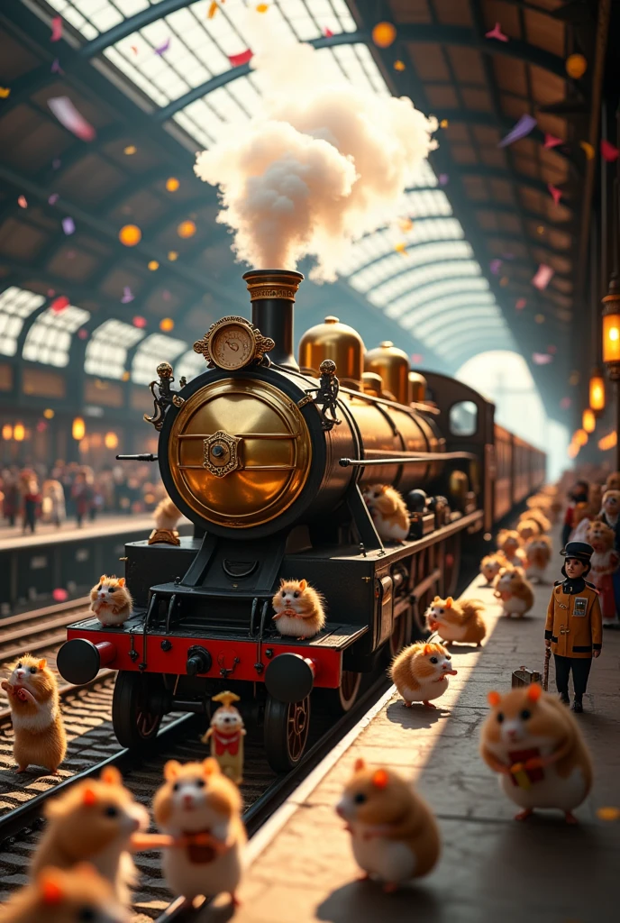 A hyper-realistic 3D depiction of a whimsical alternate world where hamsters have taken over as the dominant species, set in a bustling London train station during the age of steam. The scene is perfectly crisp, with every detail in sharp focus, from the individual strands of fur on each hamster to the smallest rivets on the gleaming steam locomotive.

(The station is a flurry of activity, packed with countless fluffy fat hamsters of various colors and patterns, each one dressed in tiny, impeccably detailed outfits:1.2). (Some hamsters clutch tiny tickets as they board the majestic steam engine, while others disembark with miniature luggage, their movements animated and precise:1.2). (Near the train, steam vents dramatically from the engine, and a few fat hamsters are caught mid-air, their puffed-up fur and comical expressions frozen in time:1.4).

The platform is alive with frenetic energy. Vendors sell miniature snacks from perfectly arranged carts, conductors with whistles guide the commotion, and groups of hamsters chatter enthusiastically. Overhead, a cascade of colorful confetti showers the scene, its vibrant fragments captured mid-air, adding a celebratory flourish. The massive steam locomotive, covered in polished brass and adorned with ornate decorations, dominates the platform. Its steam and smoke plume upward in thick, swirling columns, every tendril of vapor vividly rendered.

Every element of the composition is rendered with striking clarity—each cobblestone of the platform, each gear and pipe on the train, and every glimmer of light reflecting off the brass. The lighting is warm and dynamic, casting intricate shadows that enhance the scene’s depth. The bustling activity, vibrant colors, and surreal yet detailed setting create a joyful and magical snapshot of this alternate hamster-dominated world.