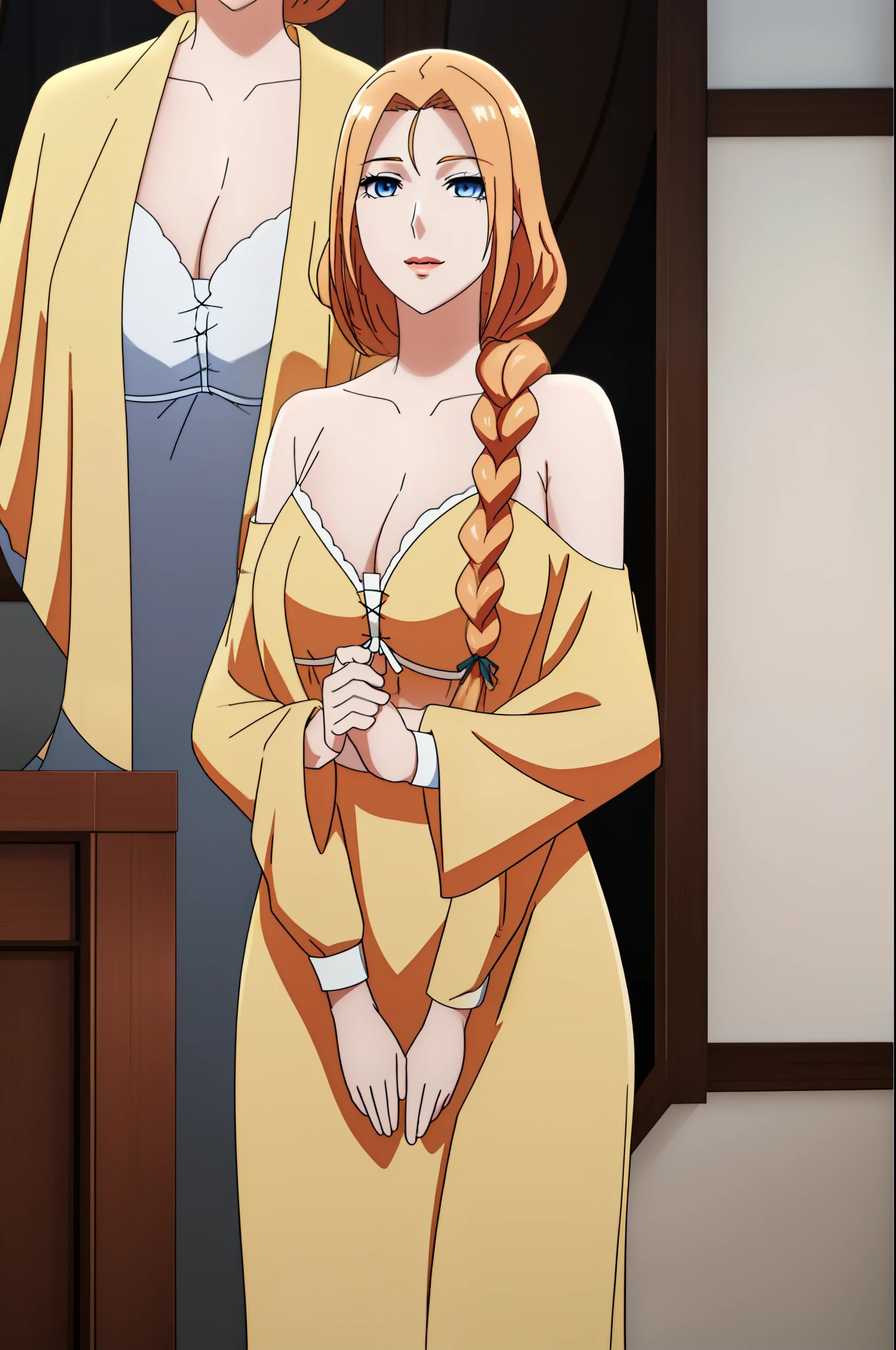 A single extremely beautiful woman, with gold blonde hair tied with a ribbon, big green-blue eyes, extremely fair white skin, plump red glossy lips, and a plain slim thin body, wearing a simple long body-covering yellow dress with spaghetti straps, a big blue sweater worn in a low off-shoulder style on elbows, and pink sandals. Looking at the viewer, standing straight, a cute smile expression, show the full woman from head to feet.