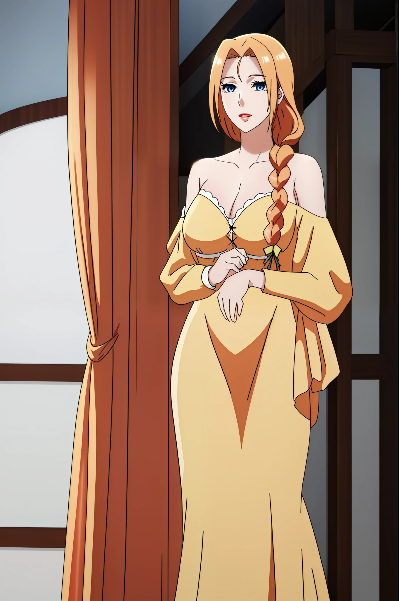 A single extremely beautiful woman, with gold blonde hair tied with a ribbon, big green-blue eyes, extremely fair white skin, plump red glossy lips, and a plain slim thin body, wearing a simple long body-covering yellow dress with spaghetti straps, a big blue sweater worn in a low off-shoulder style on elbows, and pink sandals. Looking at the viewer, standing straight, a cute smile expression, show the full woman from head to feet.