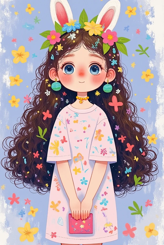 There is a picture of a girl wearing a flower crown on her head, Lovely art style, cute digital art,  cute detailed digital art ,   lovely detailed artwork ,   hand drawn cartoon art style  ,  cute cartoon character ,  lovely artwork ,  Lovely illustrations , Cute digital painting, Lovely portrait,  A beautiful illustration with oil painting texture， Rough Textures 