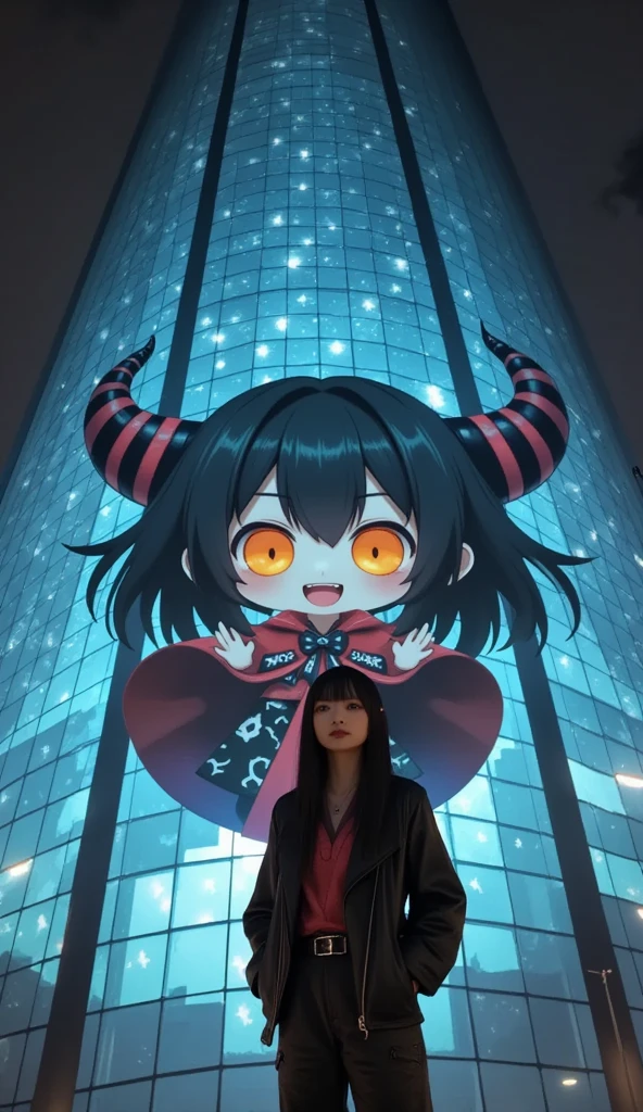 She is standing in front of a Black-Chibi-Devil-Girl anime projected on a blue laser projector using the entire large glass-fronted building as a screen, ultra-realistic, photorealistic, dramatic scene, shadow, global-illumination, solo, (Japanese adult girl is looking at viewers:1.5), bad girl, very beautiful with very cute but boyish cool face, she is wearing punk rock outfits with leather jacket, the Black-Chibi-Devil-Girl anime that projected on huge glass screen is 1girl\(dark black devil,cute,big eyes,large circle eyes,black skin,evil smile,long nail,orange eyes, vivid orange eyes, dark black skin, looking down,wearing a cute floral patterned red with black gothic capelet\(big,long,Tattered\), backlit,full body\) and is flying in the sky with amazing view of milky way, professional lighting, at night,