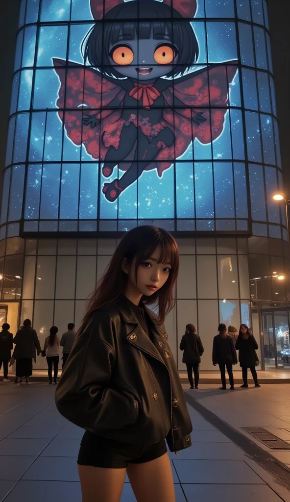 She is standing in front of a Black-Chibi-Devil-Girl anime projected on a blue laser projector using the entire large glass-fronted building as a screen, ultra-realistic, photorealistic, dramatic scene, shadow, global-illumination, solo, (Japanese adult girl is looking at viewers:1.5), bad girl, very beautiful with very cute but boyish cool face, she is wearing punk rock outfits with leather jacket, the Black-Chibi-Devil-Girl anime that projected on huge glass screen is 1girl\(dark black devil,cute,big eyes,large circle eyes,black skin,evil smile,long nail,orange eyes, vivid orange eyes, dark black skin, looking down,wearing a cute floral patterned red with black gothic capelet\(big,long,Tattered\), backlit,full body\) and is flying in the sky with amazing view of milky way, professional lighting, at night,