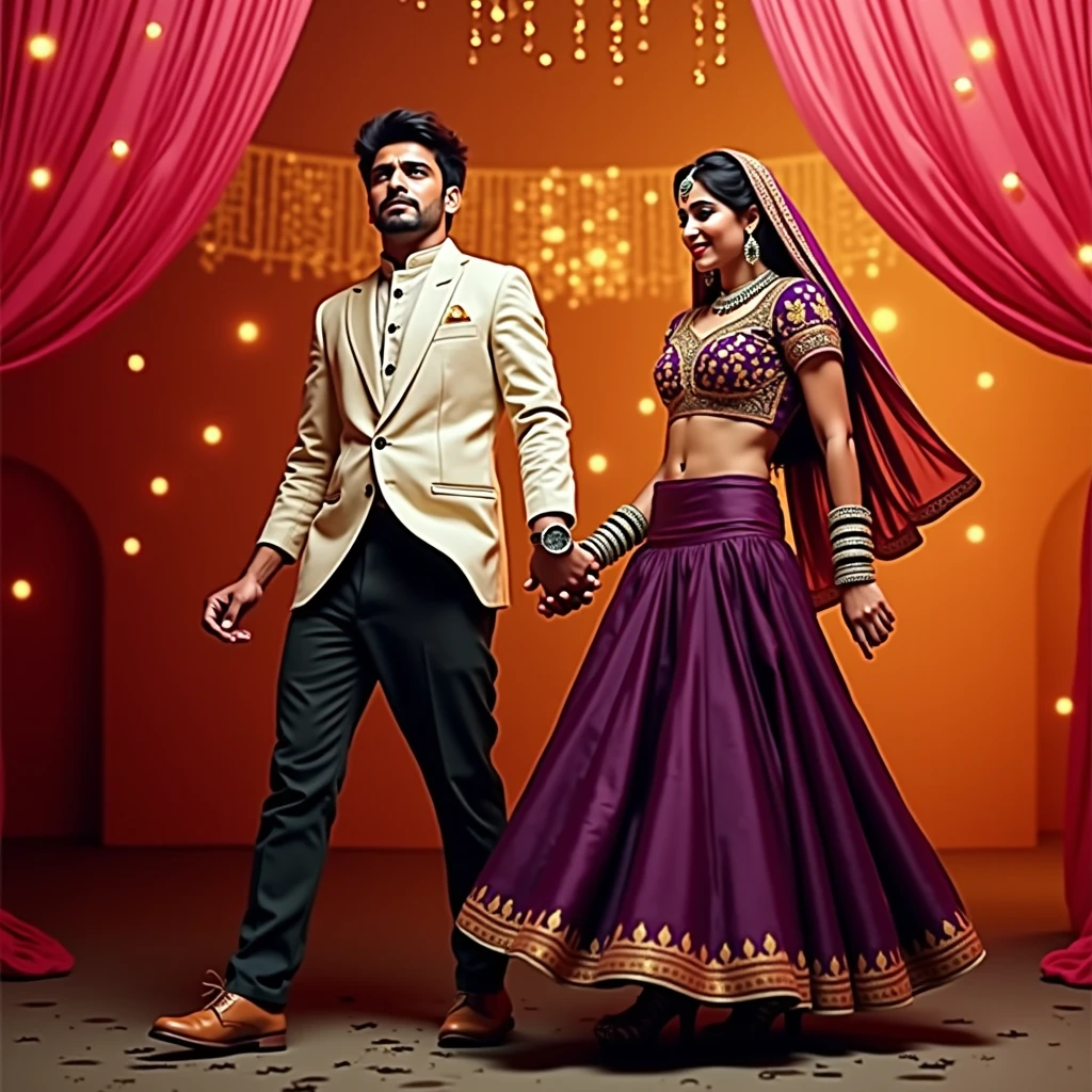 Craft a mesmerizing watercolor scene depicting an Indian bride and groom adorned in intricate traditional attire, surrounded by colorful floral decorations, joyful music, and dancing guests, evoking the rich cultural tapestry and emotional depth of a wedding celebration.