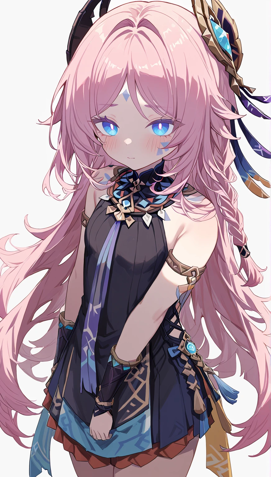 citlali,シトラリ(genshin impact),1girl,cowboy shot,pink hair,parted bangs,very long hair,hair down,braids,hair ornament,facial Mark,blue eyes,pink pupils,tribal clothes,waistcloth,Genshin Impact Style,AddXL,glowing eyes,blush,beautiful detailed,hyper detail,masterpiece,best quality,bright,hair ornament,facial Mark,citlali,white background