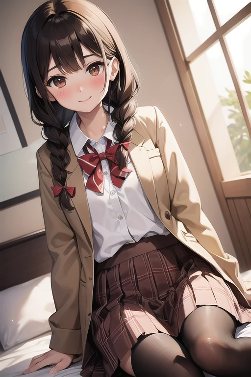 masterpiece, best quality, looking at viewer, facing viewer, nice hands, perfect hands, (night:1.3), low key, excited, happy, joyful, (blush), smile, wide windows, living room, 1girl, solo, shinka nibutani, , jacket, plaid skirt, smile, arms behind back,(((nsfw,sex,cum)))