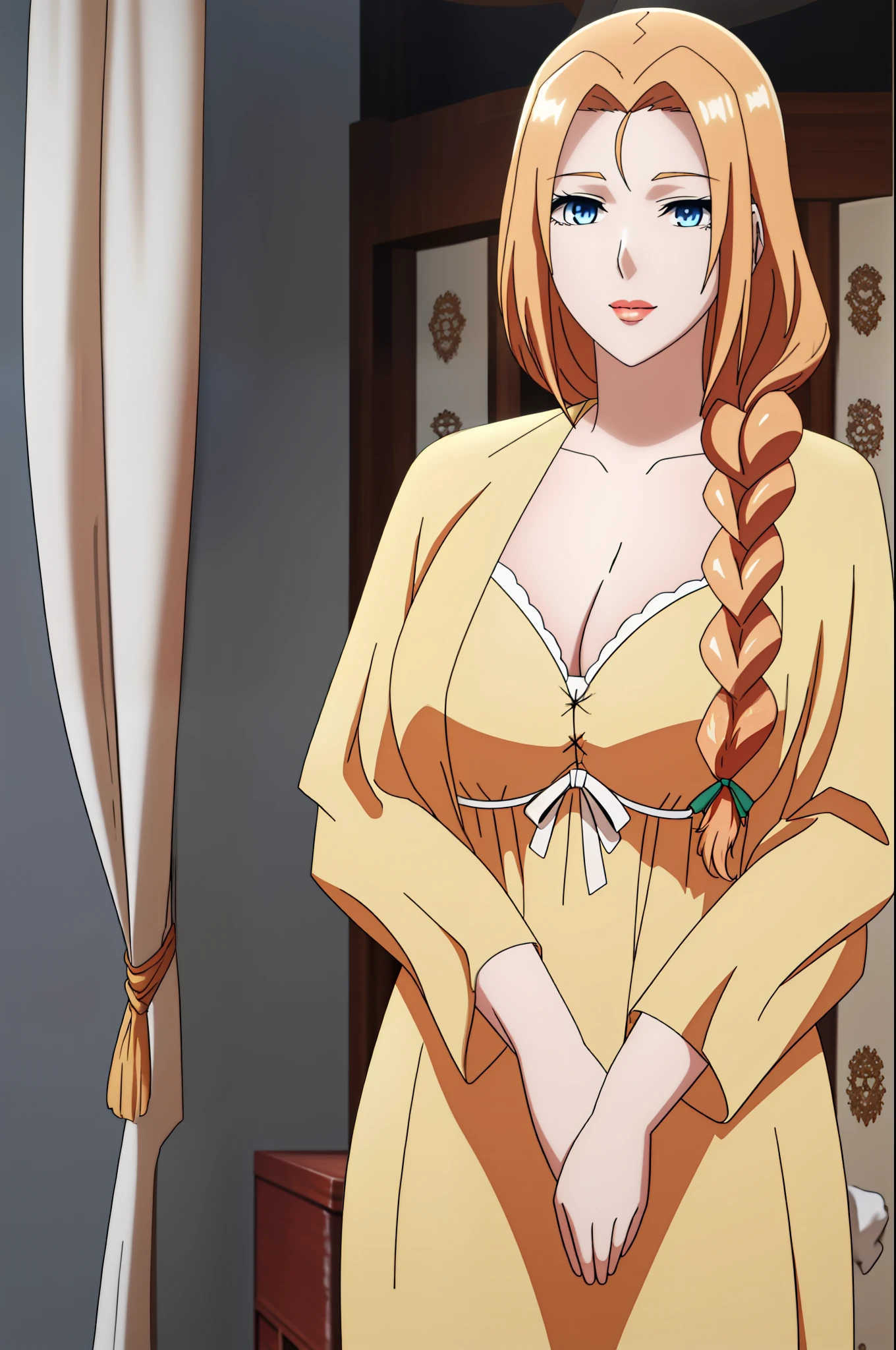 A single extremely beautiful woman, with gold blonde hair tied with a ribbon, big green-blue eyes, extremely fair white skin, plump red glossy lips, and a plain slim thin body, wearing a simple long body-covering yellow dress with spaghetti straps, a big blue sweater worn in a low off-shoulder style on elbows, and pink sandals. Looking at the viewer, standing straight, a cute smile expression, show the full woman from head to feet.