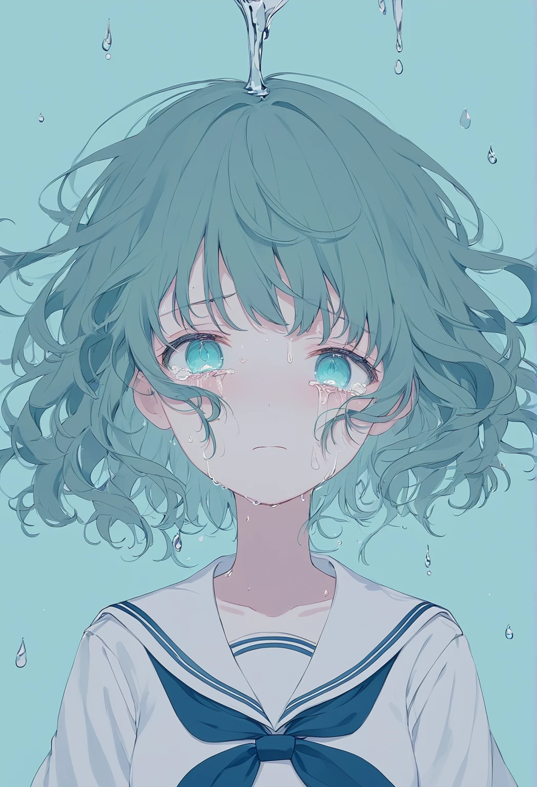  capture deep sadness 、 a girl with short hair crying , pastel,
 THEME COLOR GREEN , Wavy hair and 、 dark blue ribbon tied to the side .  her tear-soaked blue eyes are rich ,  with a melancholy anime illustration . Wearing a sailor uniform,  wrapped in a quiet blue background 、 drops of water falling like tears .  The soft colors and minimalistic design 、 enhances the emotional and melancholy atmosphere of the work {x}.