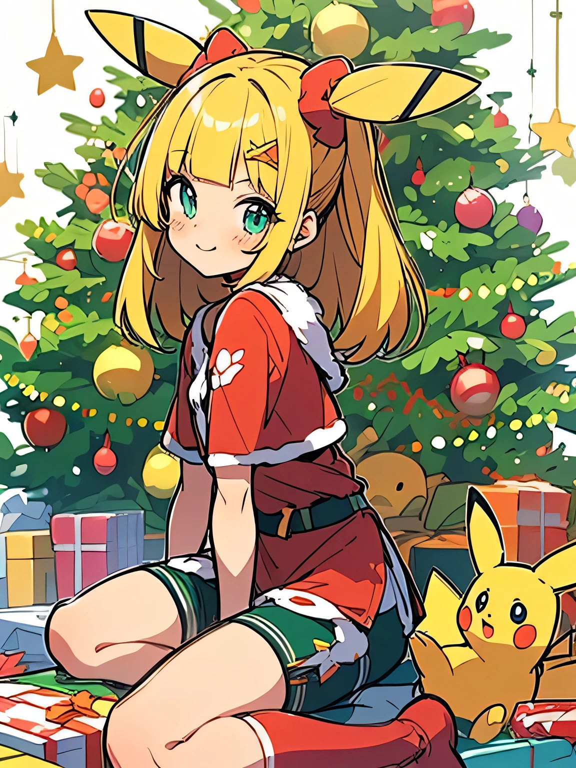 (chibi),sideview,solo, 16years old,(wariza:1.3), blonde medium hair, blunt bangs, glasses, cute face,open chest, cute Santa Claus red clothe,Santa Claus caps, surrounded by Christmas present gift boxes, Christmas ribbon,pikachu(pokemon),cute smile,model pose, Christmas tree, high quality, (manga style) , (sketch), (illustration)