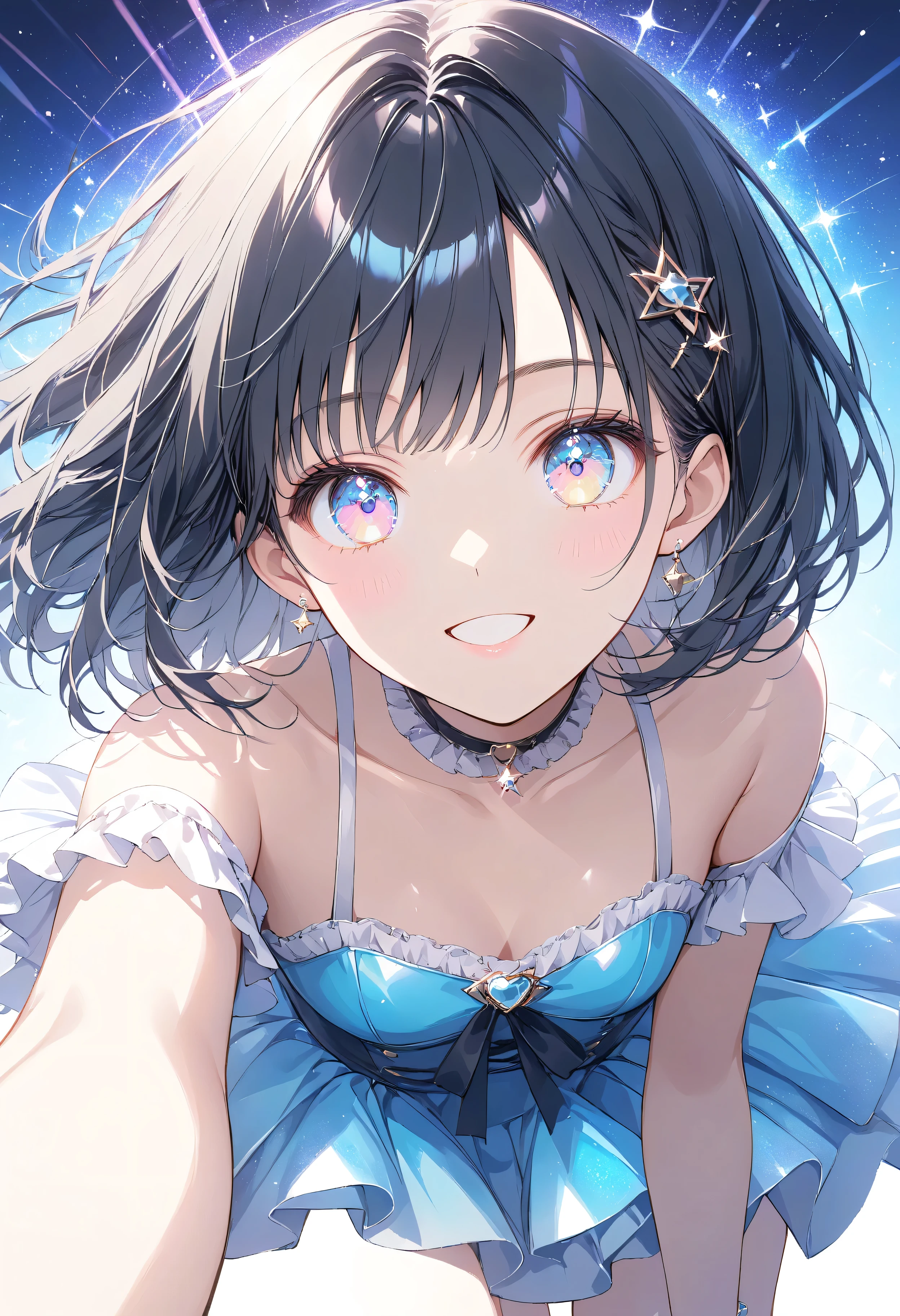 Masterpiece, high quality, high tonal range, high resolution, 16K, KyoAni illustration, background detail, digital painting, hyperrealistic, shimmering pastel colors, pop art, petite woman, young woman, beautiful face, long eyelashes, fair skin, full body, bare shoulders, black spats, thin legs, shiny thighs, black hair Idol with short bob and hair ornament, sparkling eyes, big eyes, smiling and pointing at us, colorful spotlight on idol stage, cinematic effect, cinematic angle