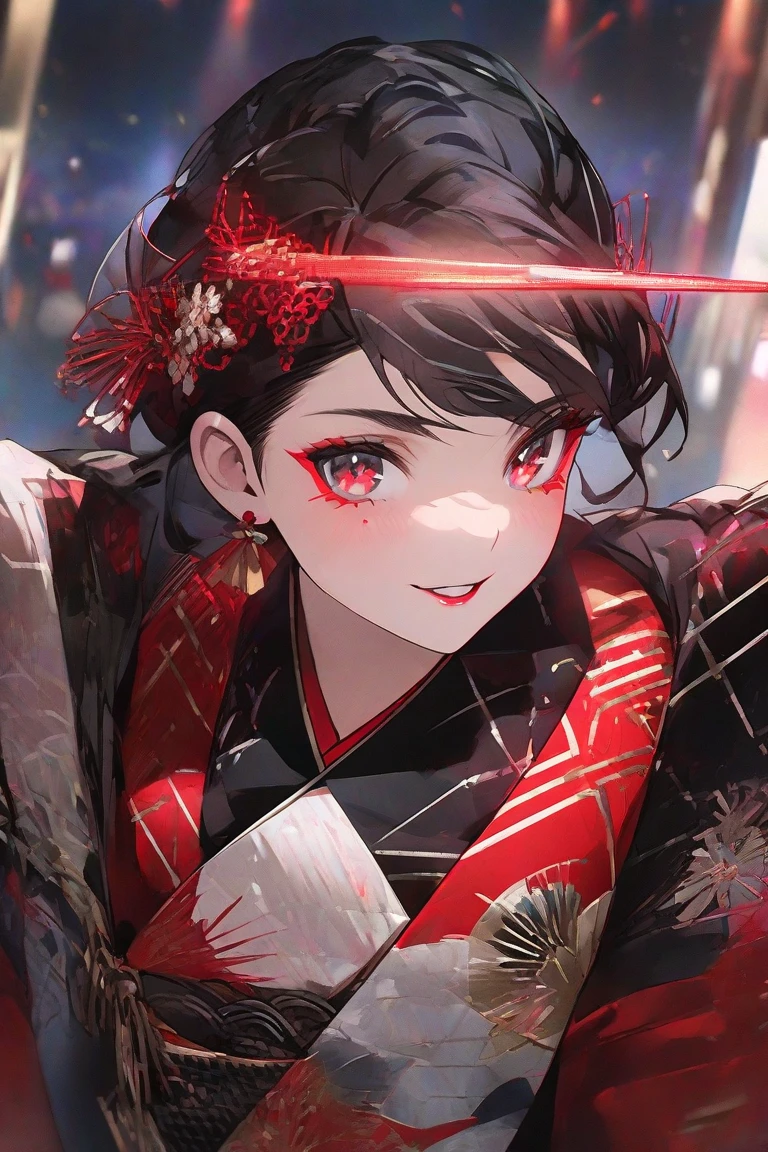 Sparkle , Black hair, red eyes, wearing a very beautiful kimono with striking colors, many details on the kimono, mastepiece, High Quality High definition 