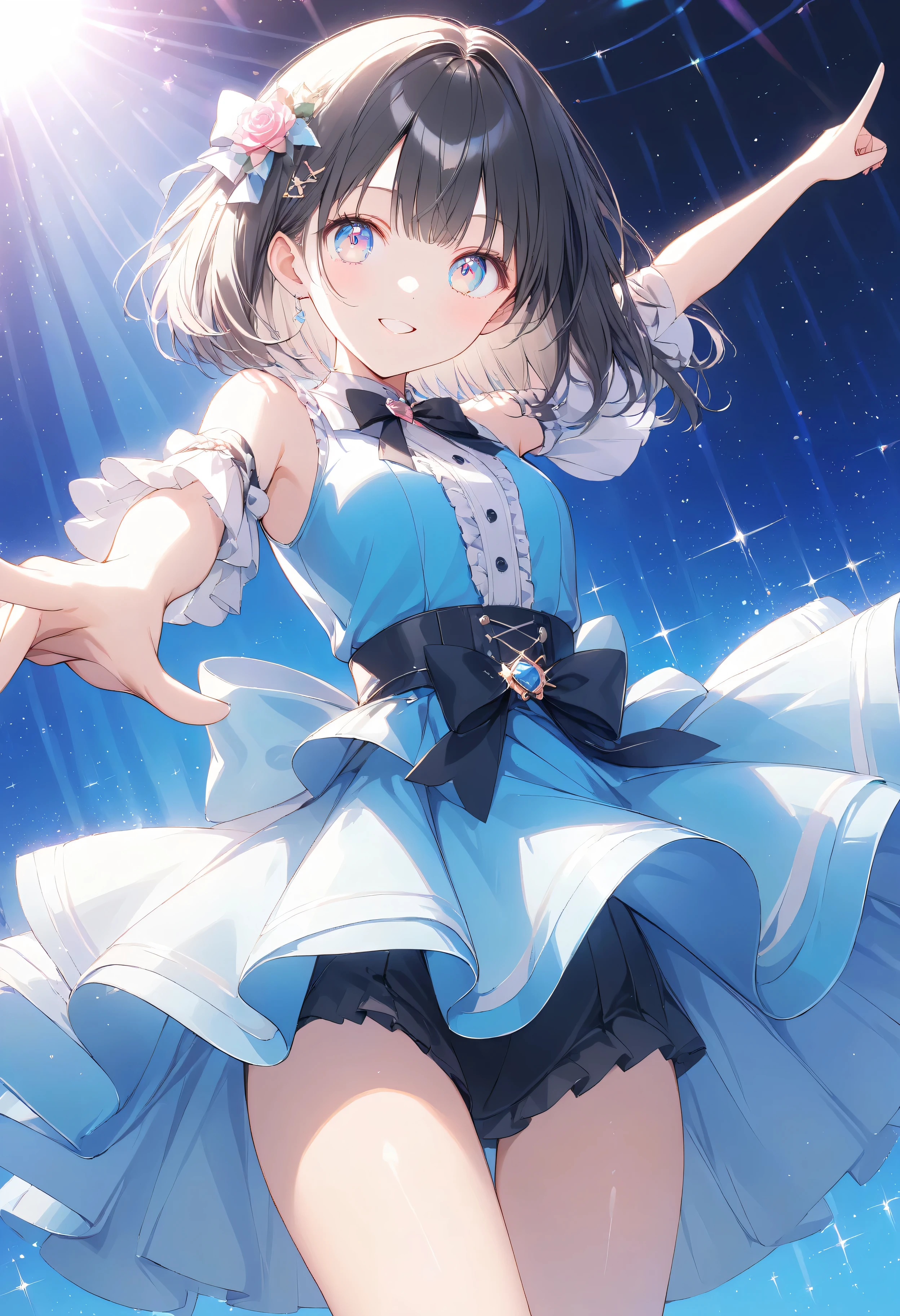 Masterpiece, high quality, high tonal range, high resolution, 16K, KyoAni illustration, background detail, digital painting, hyperrealistic, shimmering pastel colors, pop art, petite woman, young woman, beautiful face, long eyelashes, fair skin, full body, bare shoulders, black spats, thin legs, shiny thighs, black hair Idol with short bob and hair ornament, sparkling eyes, big eyes, smiling and pointing at us, colorful spotlight on idol stage, cinematic effect, cinematic angle
