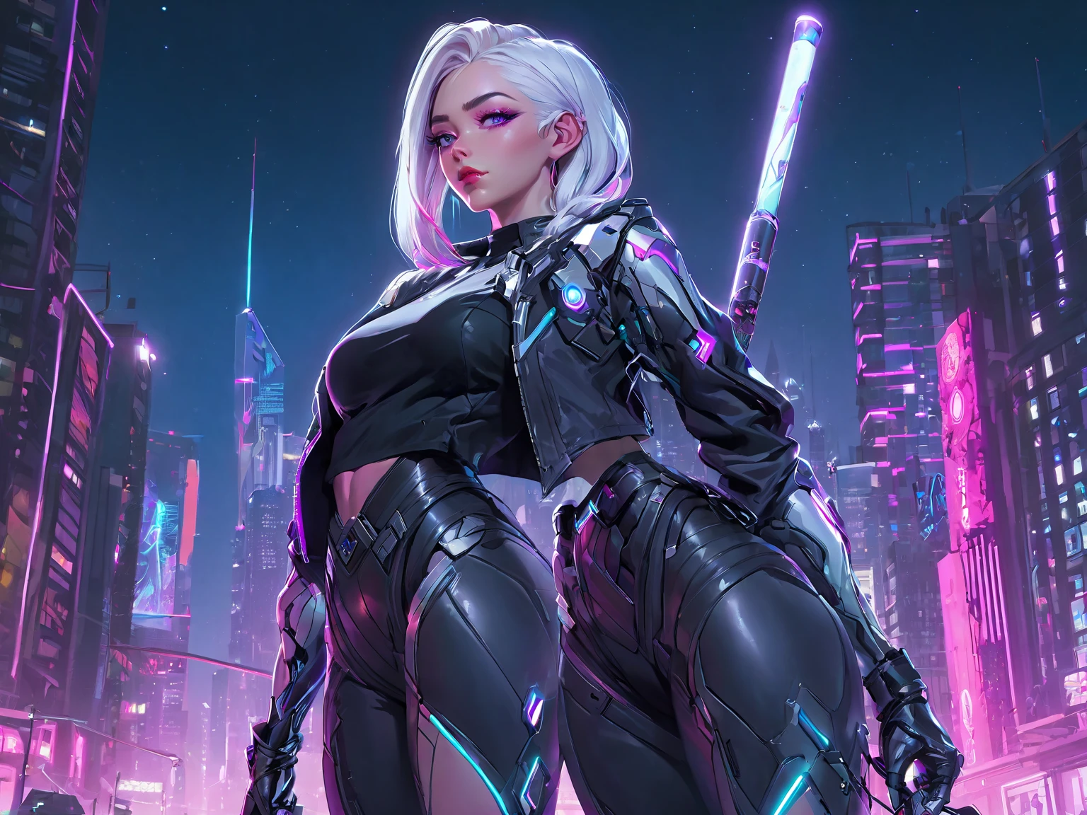 a woman with hair and a black shirt is standing in front of a neon city background with full moon, Beautiful female cyborg,whole body is synthetic silicon and armor, white and purple and magenta colors, She is holding a baseball bat in her hand, resting it on her shoulder, lois van baarle and rossdraws, portrait of lucy from Cyberpunk Edgerunners, artgerm and lois van baarle, rossdraws 2. 0, rossdraws 1. 0, rossdraws 2. 5, artgerm and rossdraws, artgerm comic, 8K image quality, Masterpiece black background with full moon, 8K image quality, Masterpiece