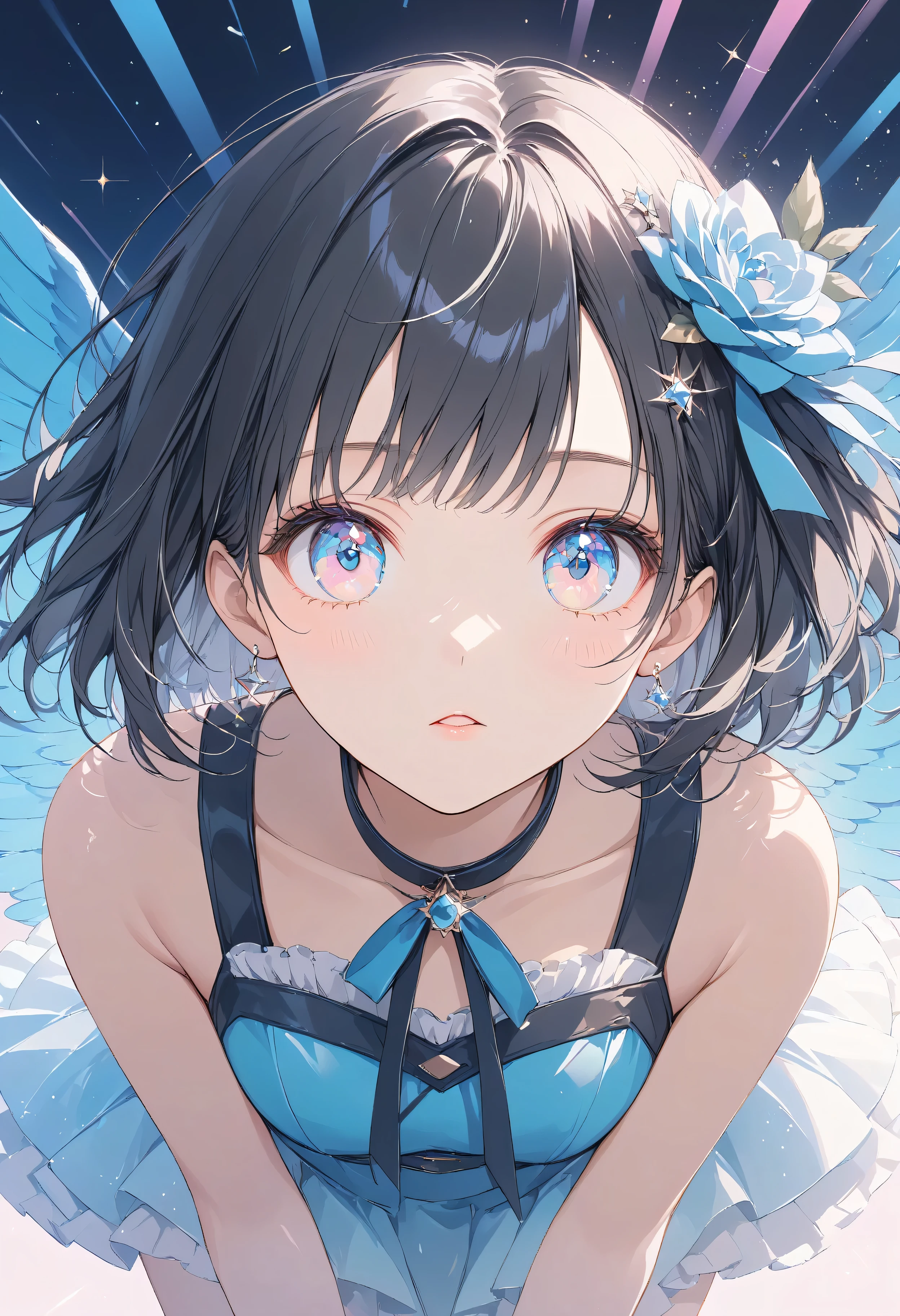 Masterpiece, high quality, high tonal range, high resolution, 16K, KyoAni illustration, background detail, digital painting, hyperrealistic, shimmering pastel colors, pop art, petite woman, young woman, beautiful face, long eyelashes, fair skin, full body, bare shoulders, black spats, thin legs, shiny thighs, black hair Idol with short bob and hair ornament, sparkling eyes, big eyes, idol pose, live stage, colorful spotlight, cinematic effect, cinematic angle