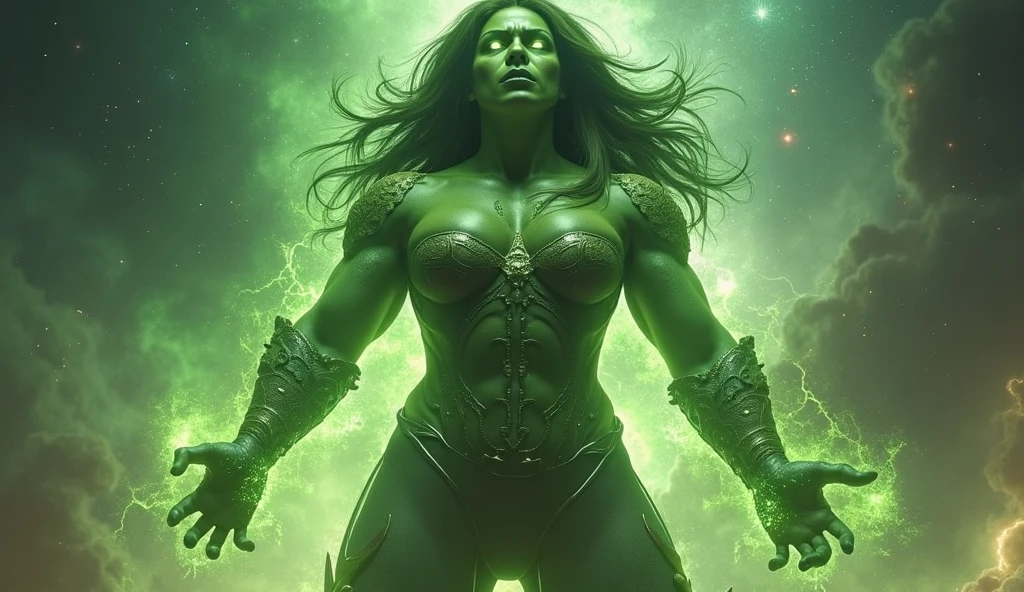 RAW photo, (solo, fullbody photo of female hulk:1.2), highheels, green skin, big breasts, intricate details, standing in asgard, nightsky