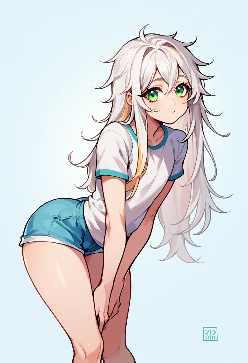 score_9, score_8_up, score_7_up, score_6_up, score_5_up, score_4_up, (source_anime), medium long hair, messy hair, 1boy, solo, femboy, twink, shouta, trap, girly, male, cute, green eyes, flat chest, shorts, tshirt, multicolor hair, yellow and white hair, big ass, ass, bent over